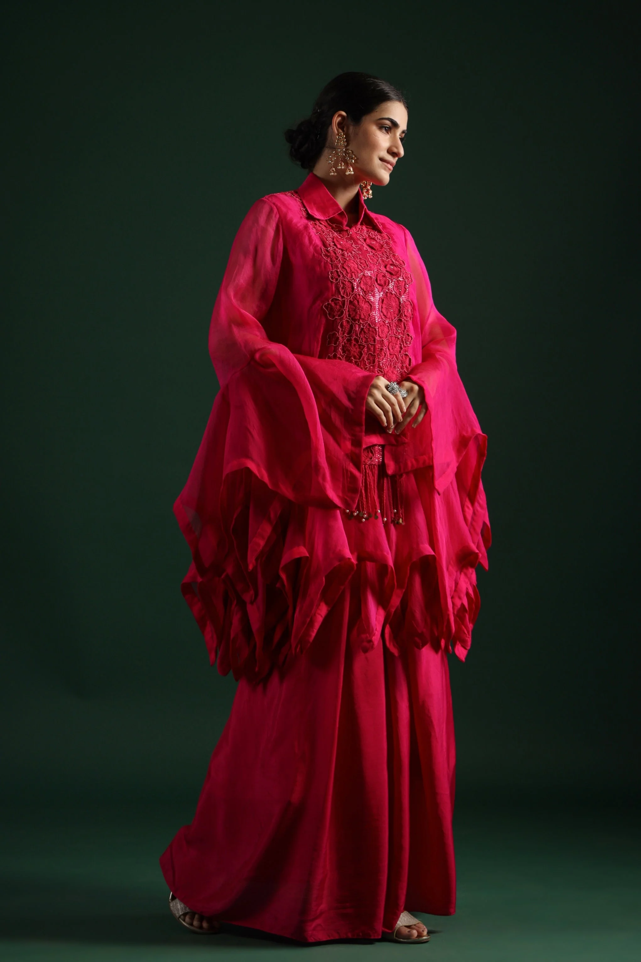 Pink Embroidered Organza Silk Skirt Set - Image 5