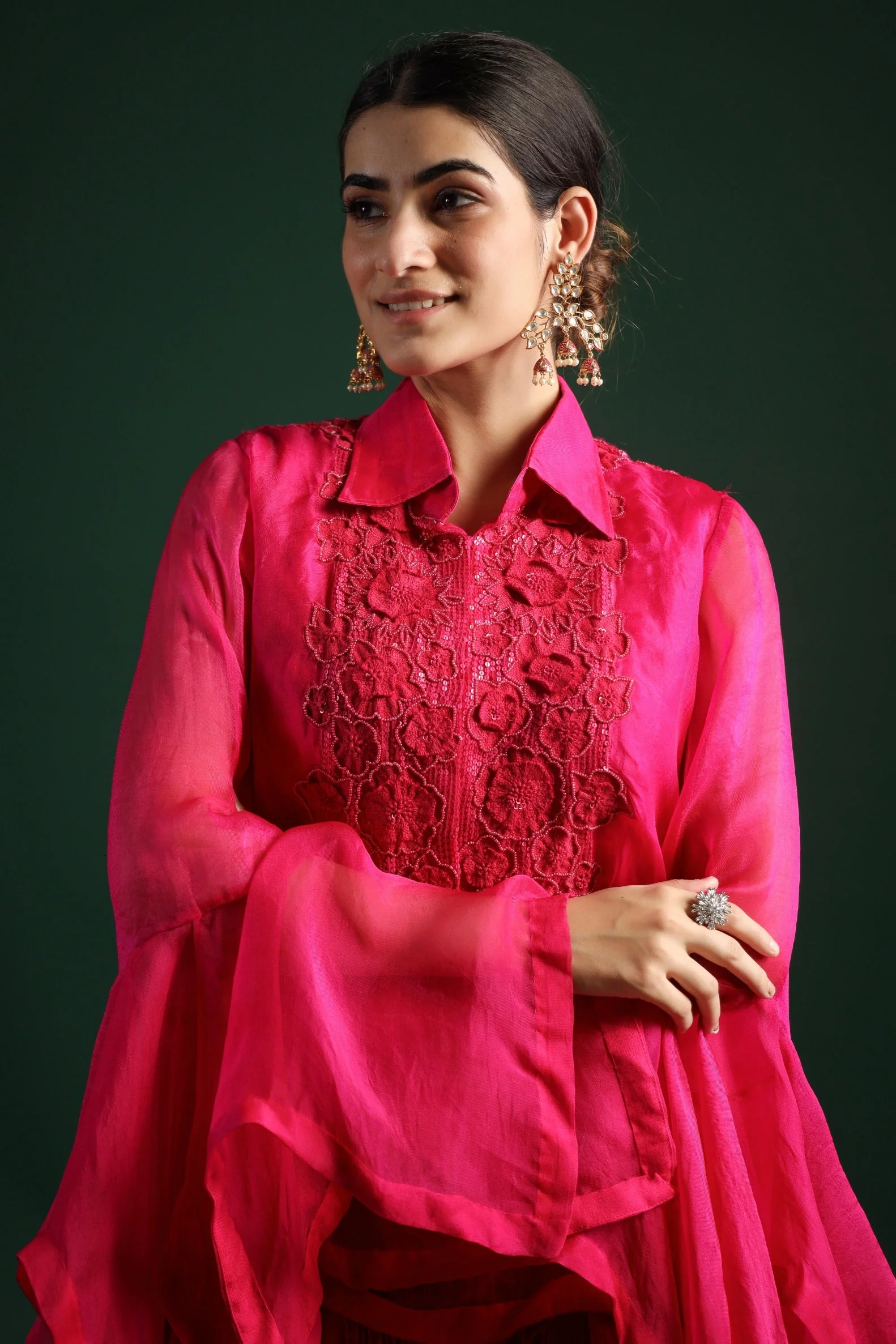 Pink Embroidered Organza Silk Skirt Set - Image 6