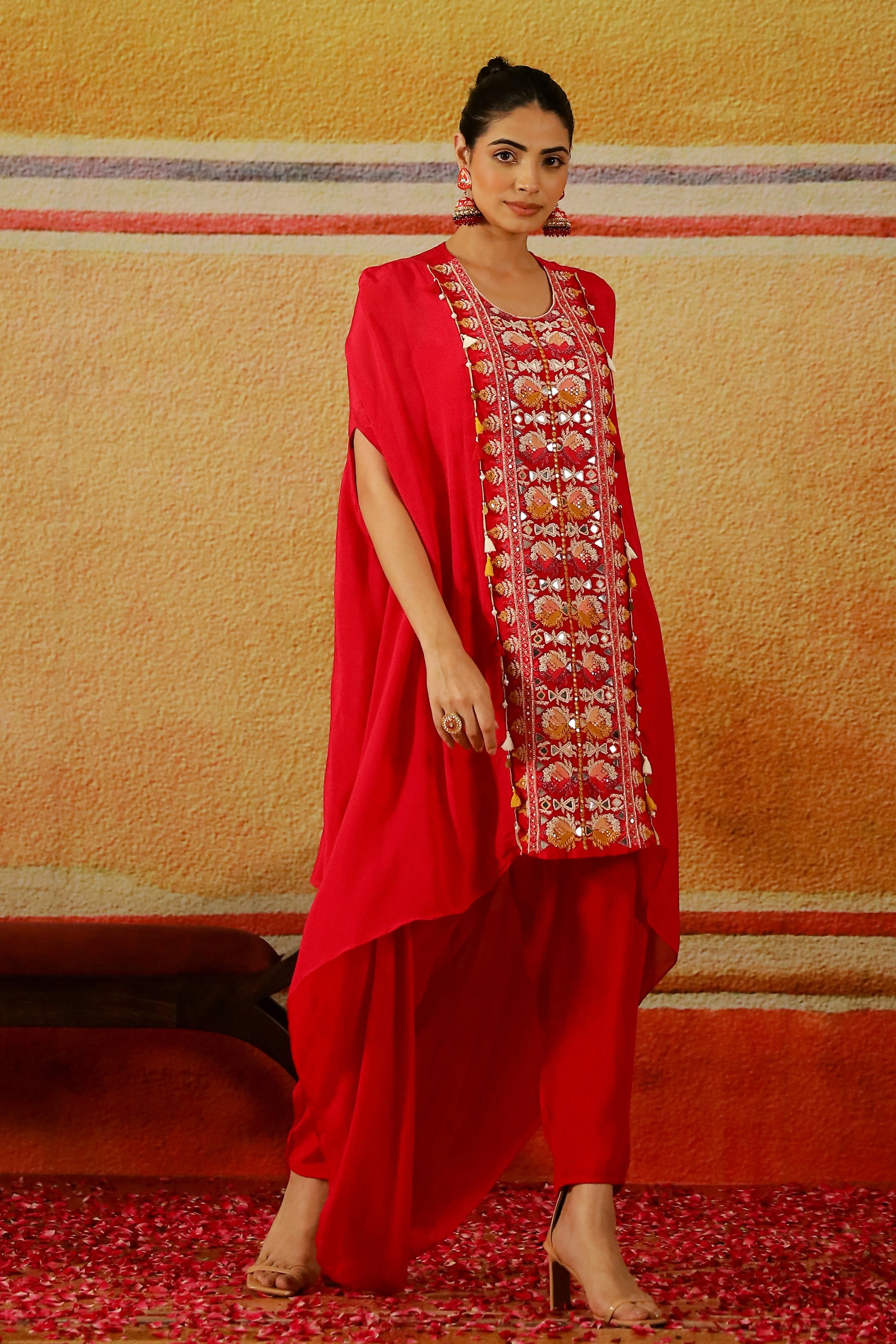 Pink Embroidered Premium Chinon Silk Kaftan Set - Image 3