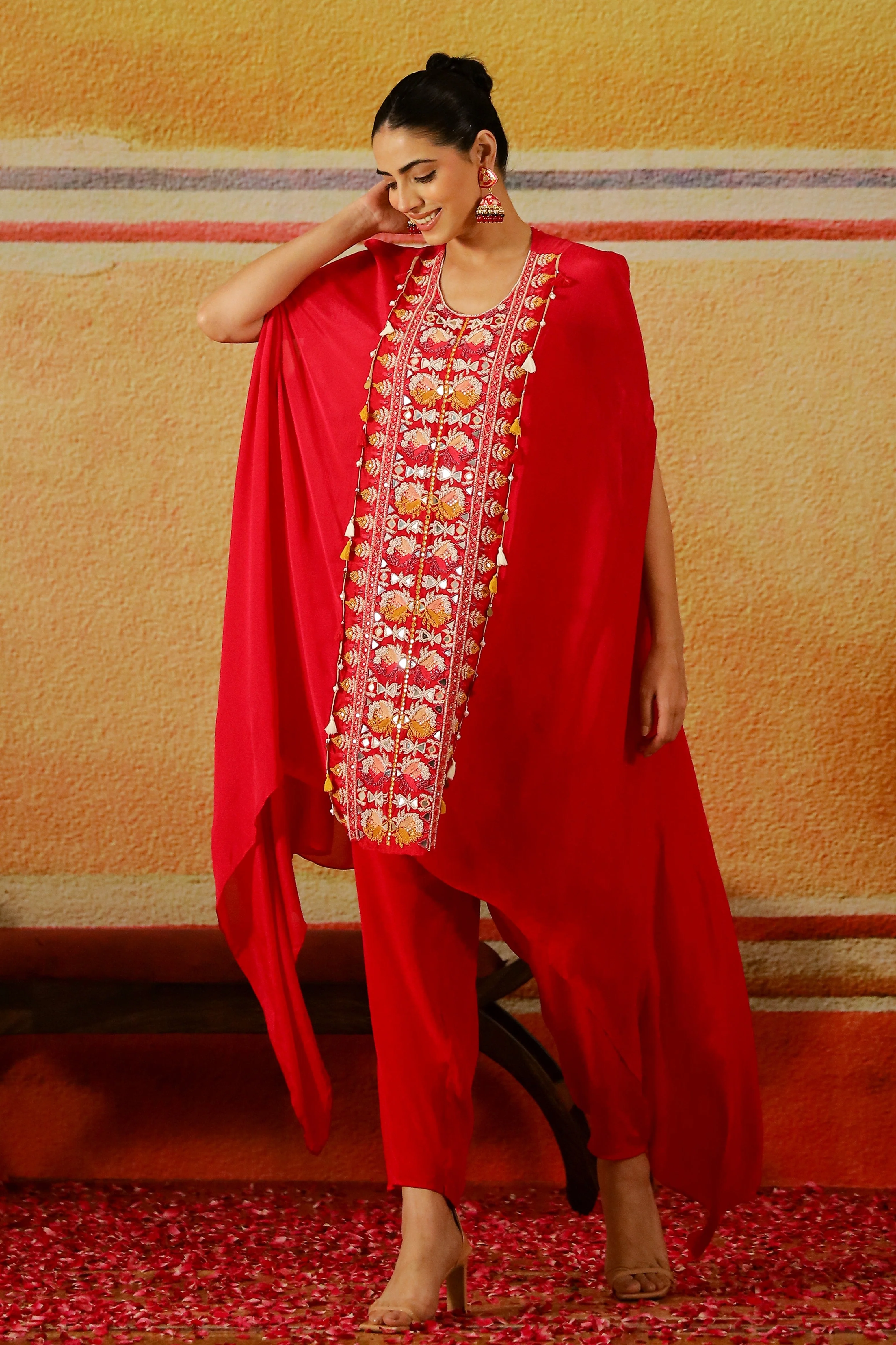 Pink Embroidered Premium Chinon Silk Kaftan Set - Image 4
