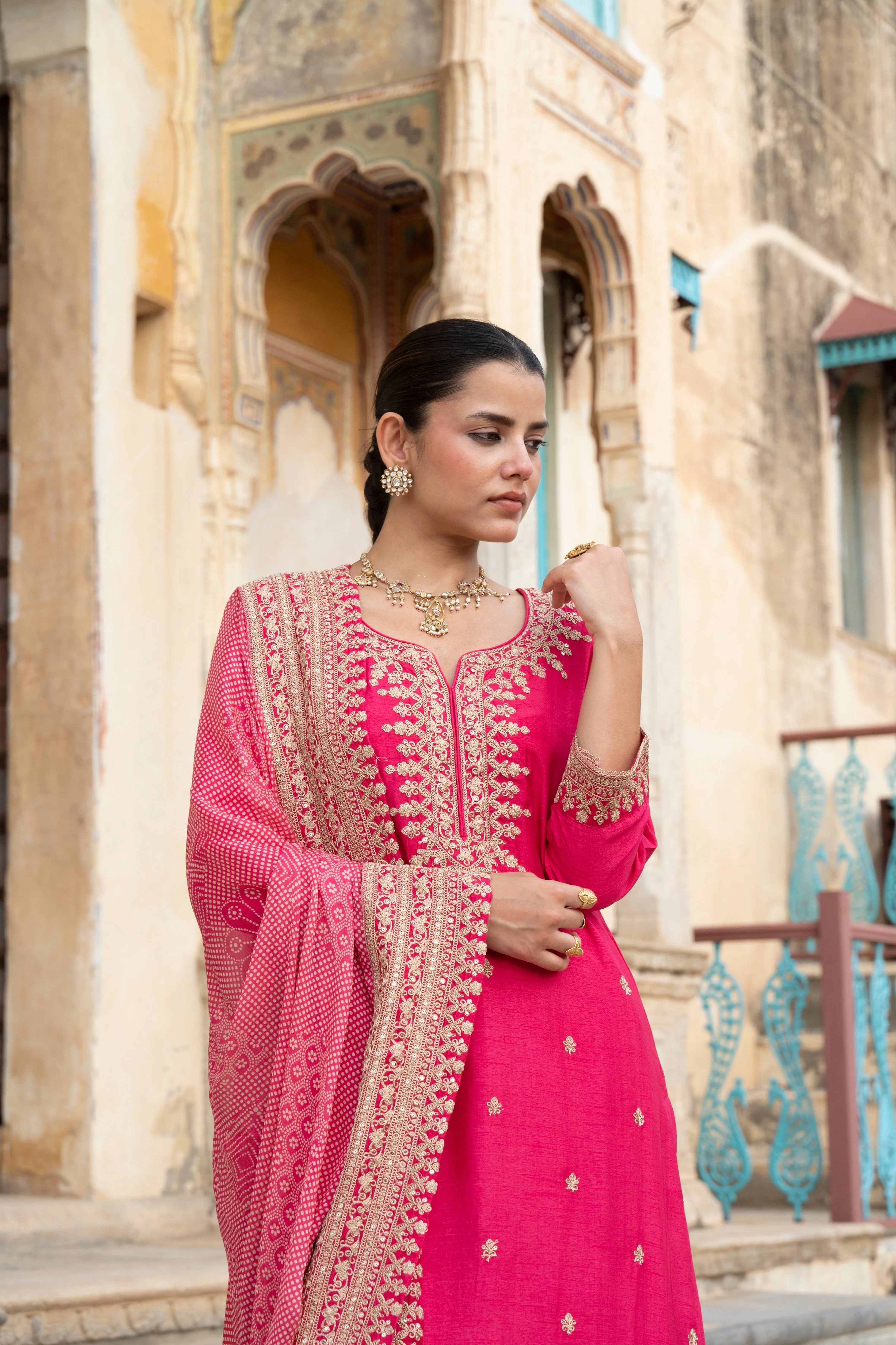 Pink Embellished Pure Dola Silk Pant Set - Image 2