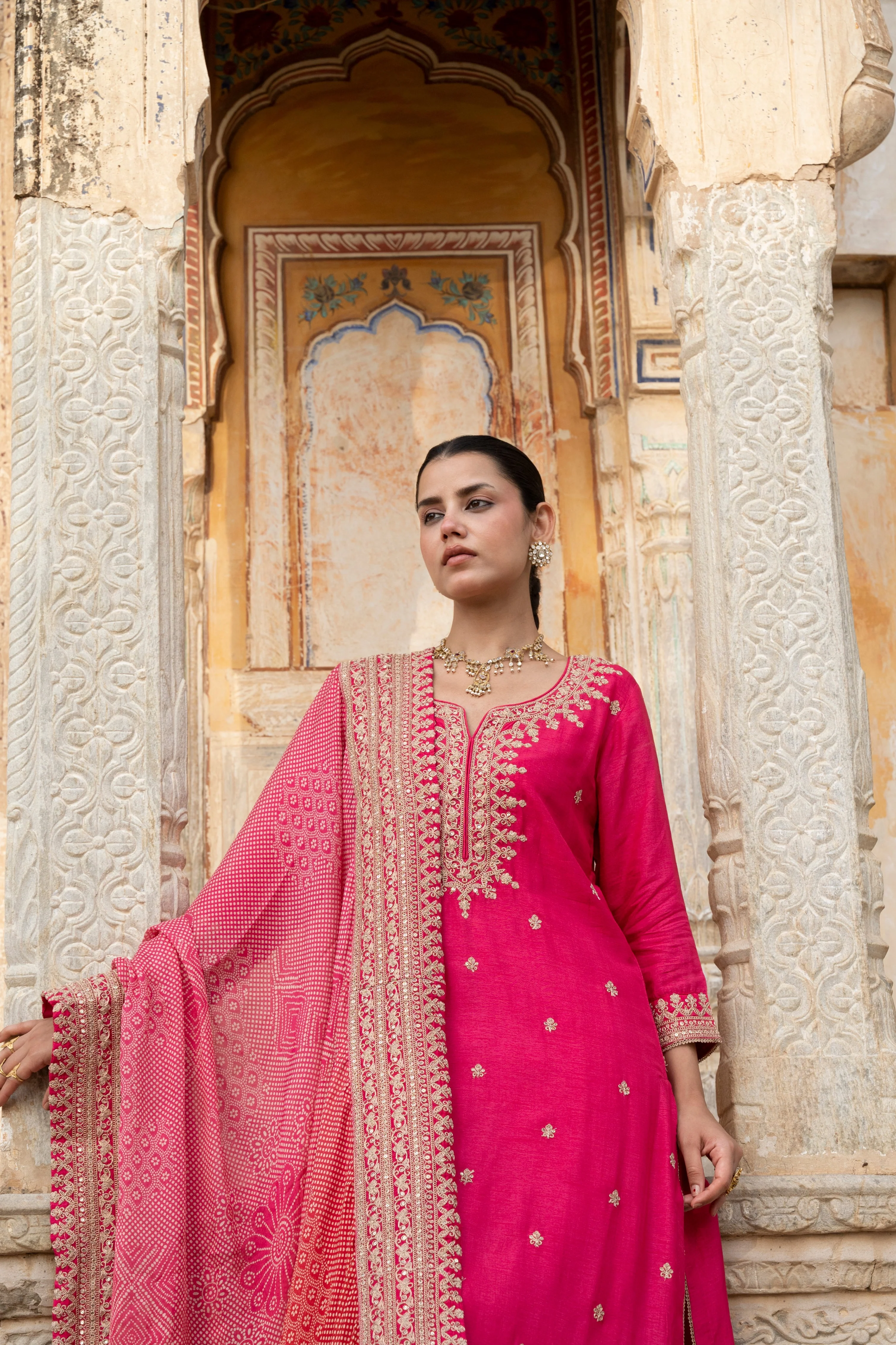 Pink Embellished Pure Dola Silk Pant Set - Image 3