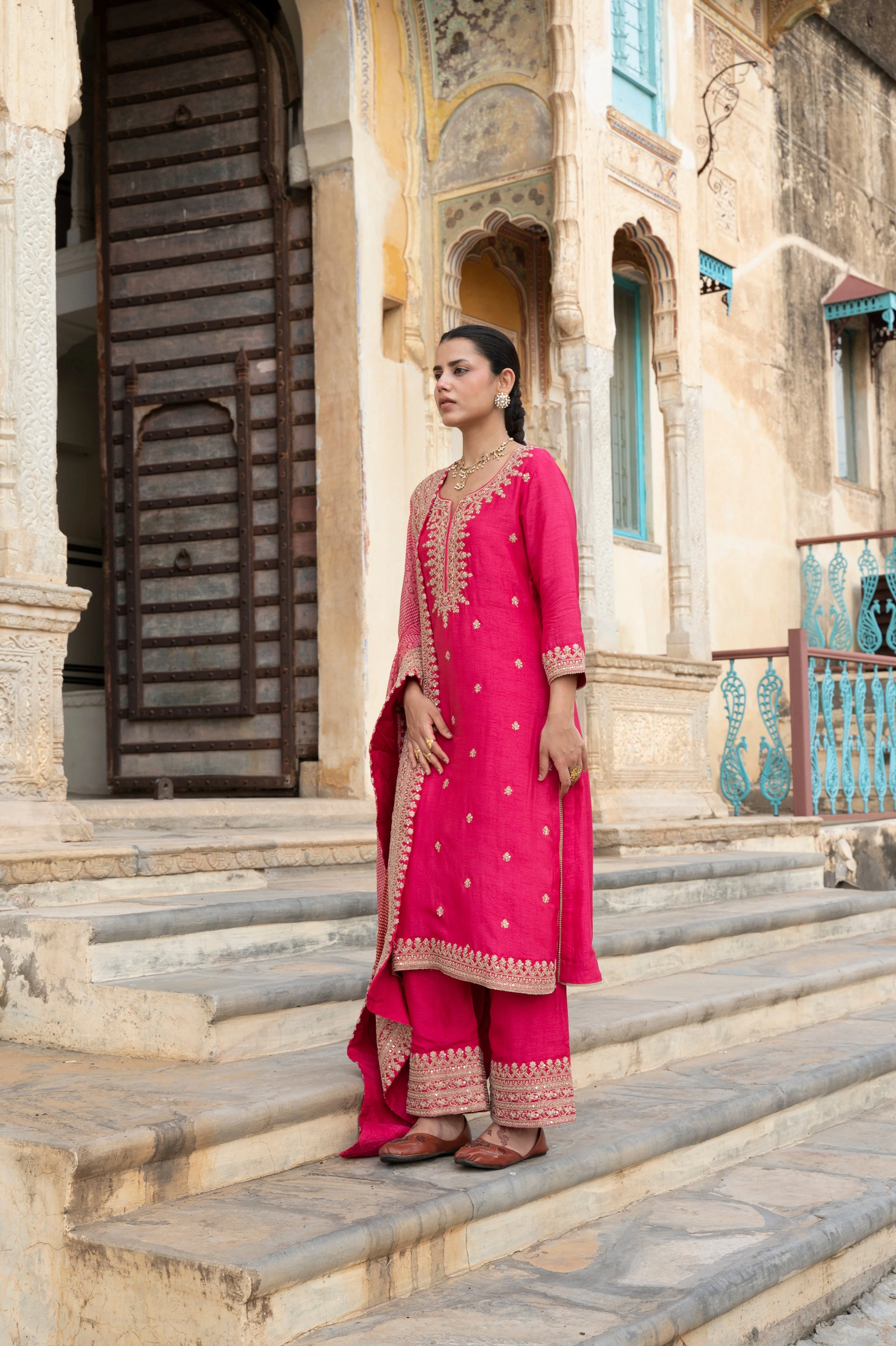 Pink Embellished Pure Dola Silk Pant Set - Image 4