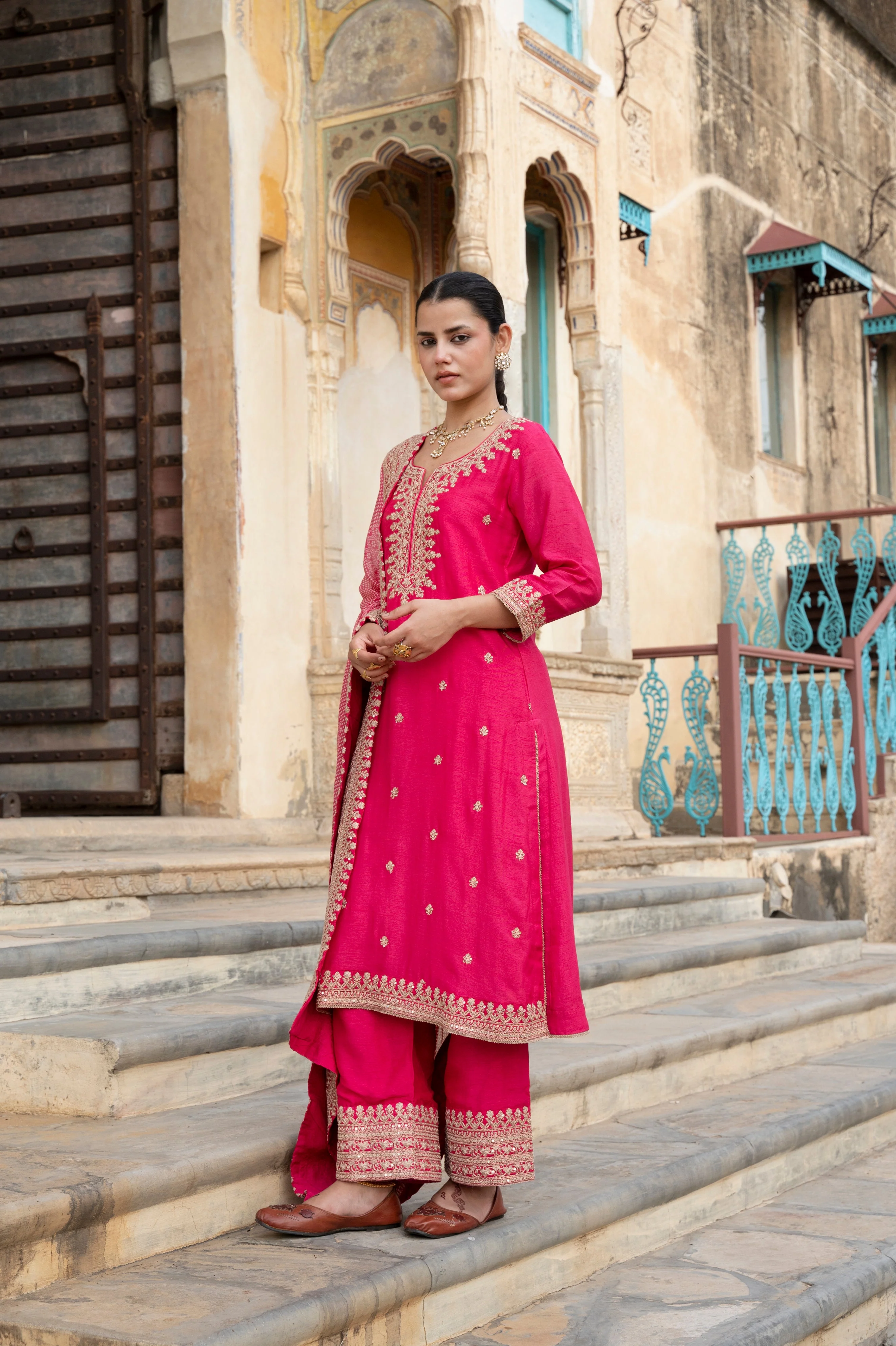 Pink Embellished Pure Dola Silk Pant Set - Image 5