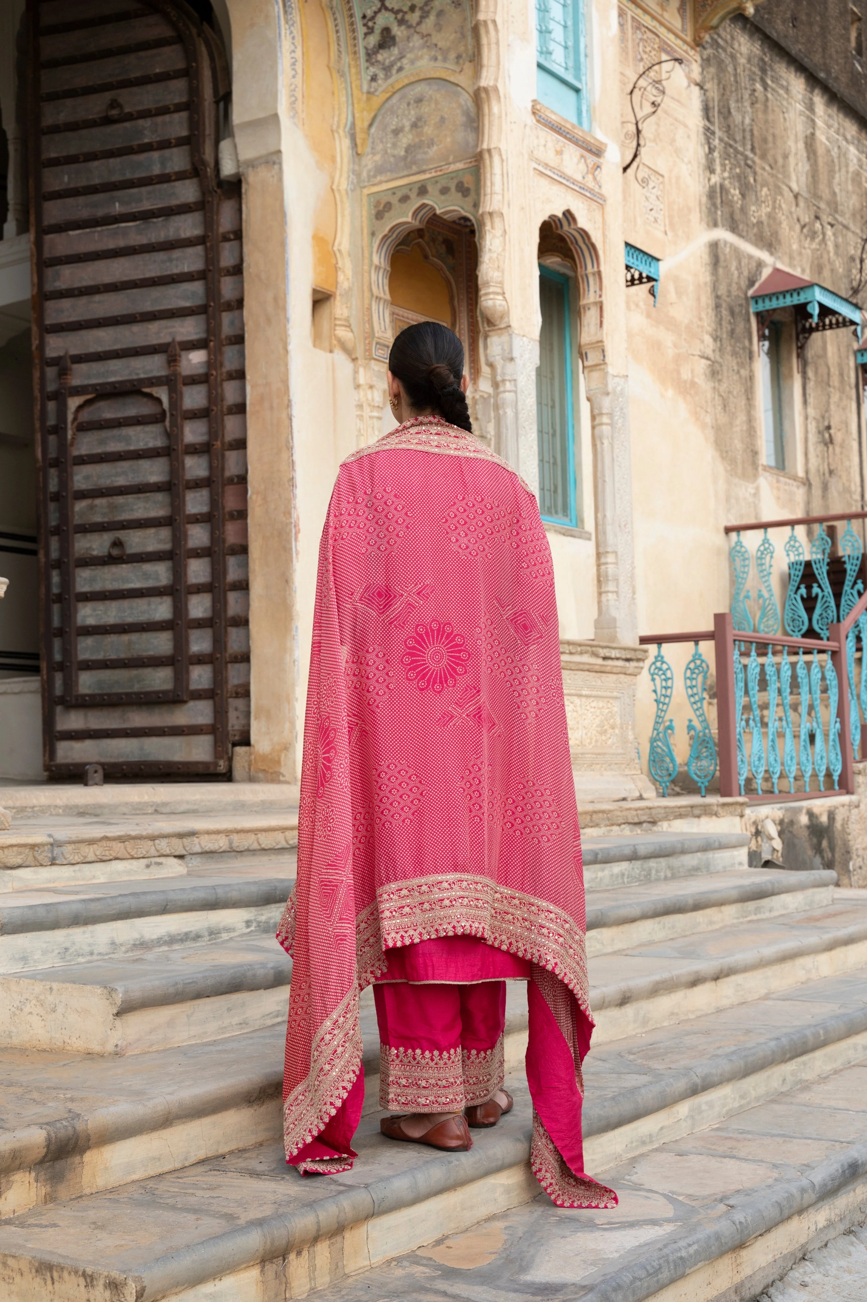 Pink Embellished Pure Dola Silk Pant Set - Image 6