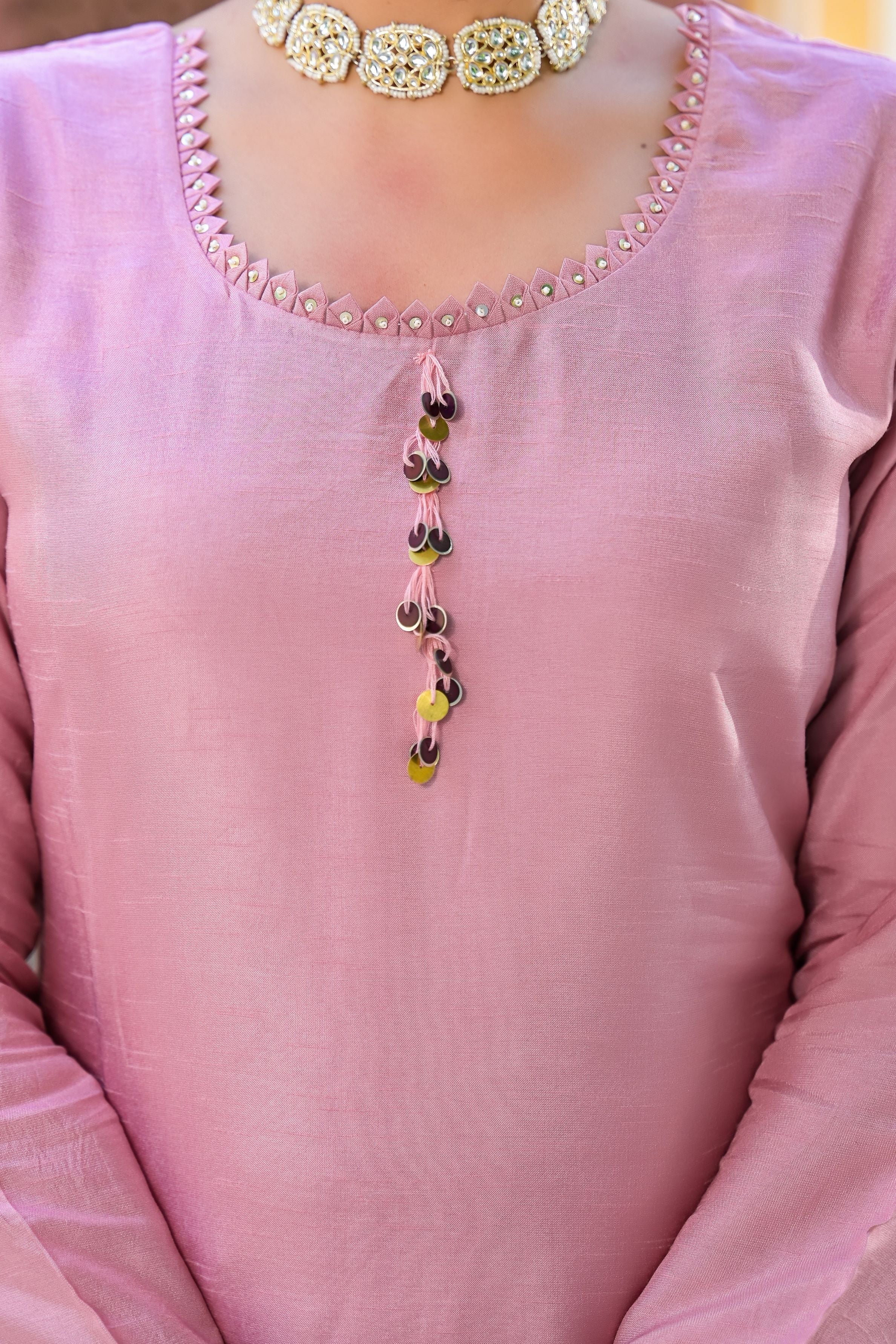 Pink Embroidered Raw Silk Pants Set - Image 2