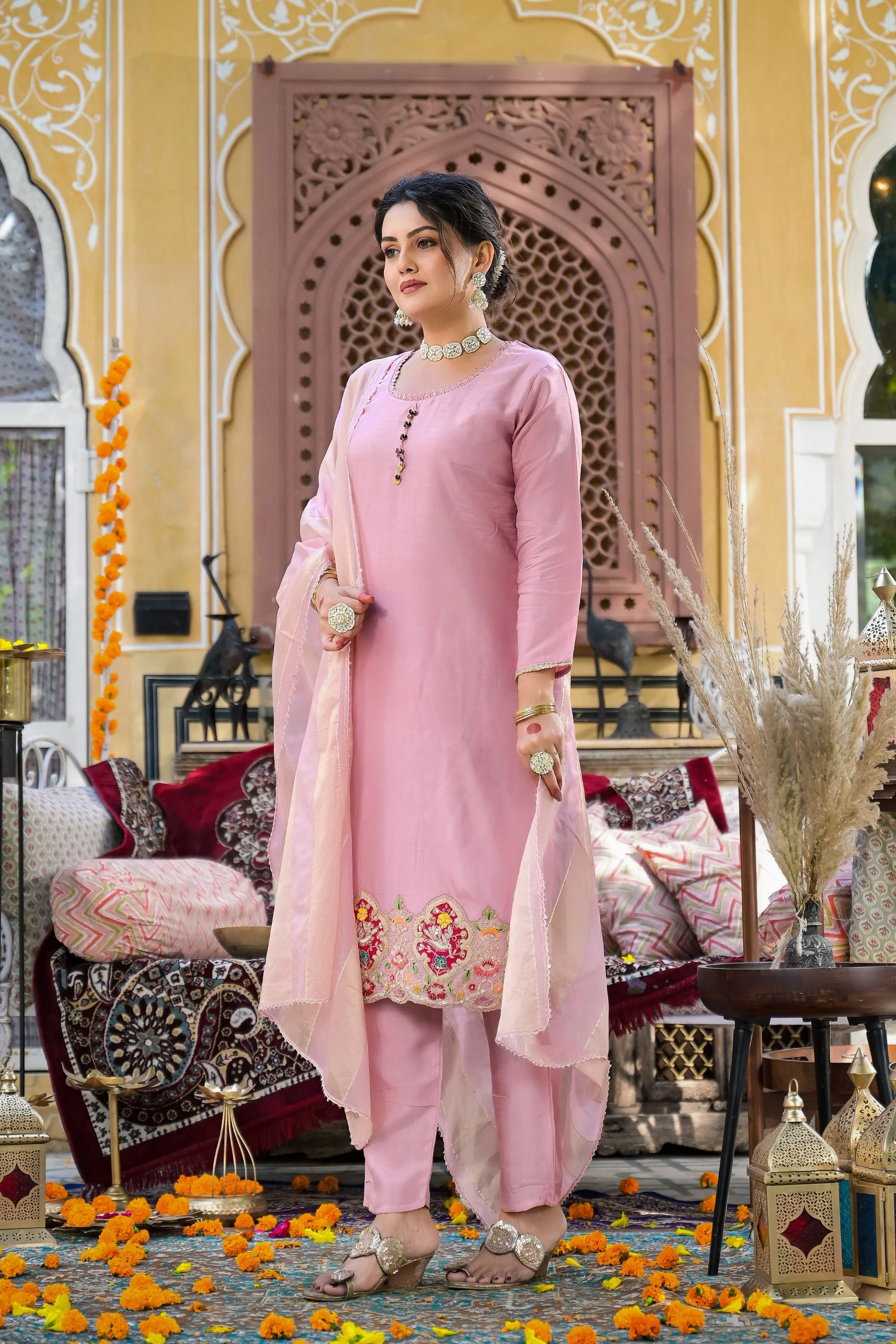 Pink Embroidered Raw Silk Pants Set - Image 3