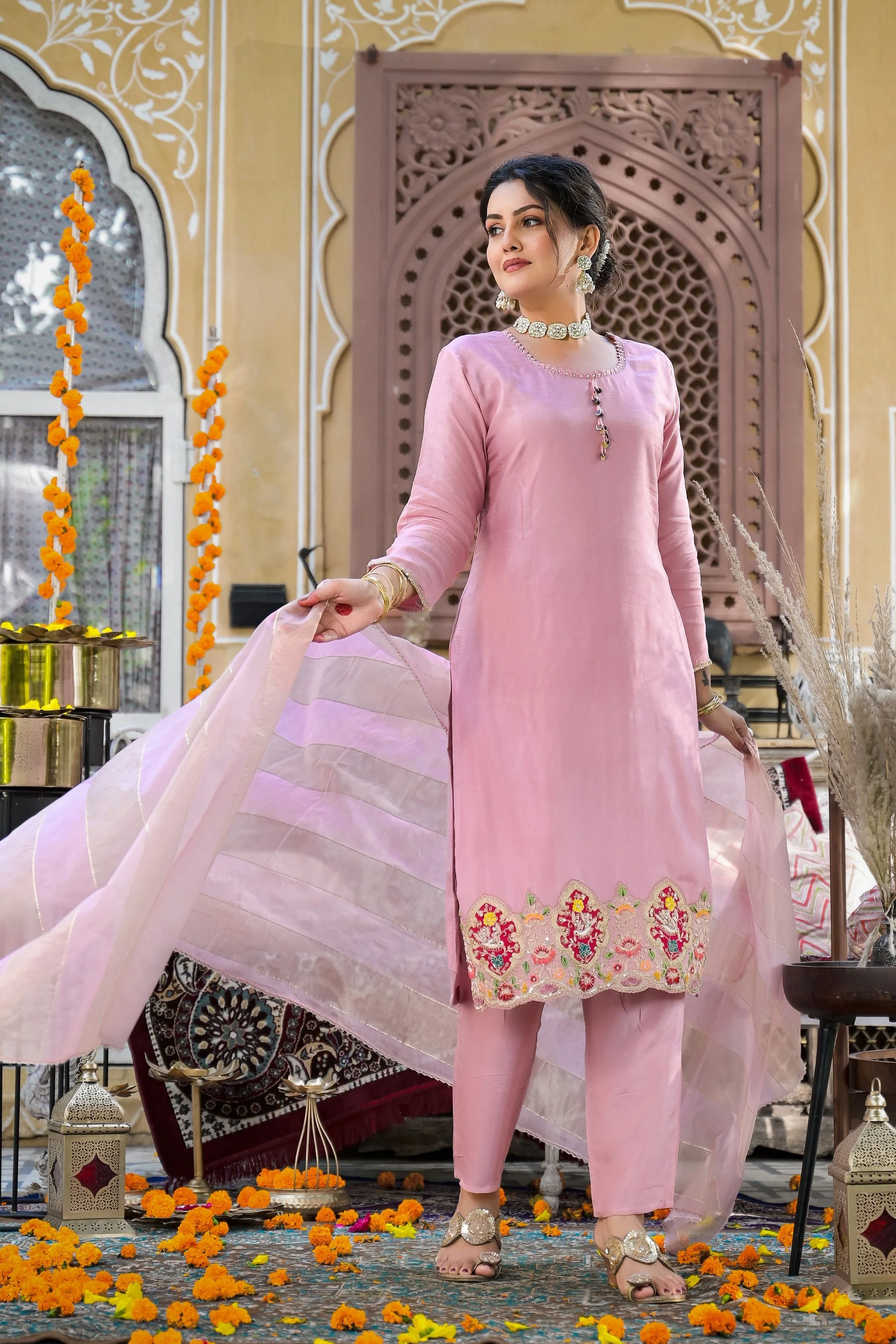 Pink Embroidered Raw Silk Pants Set - Image 4
