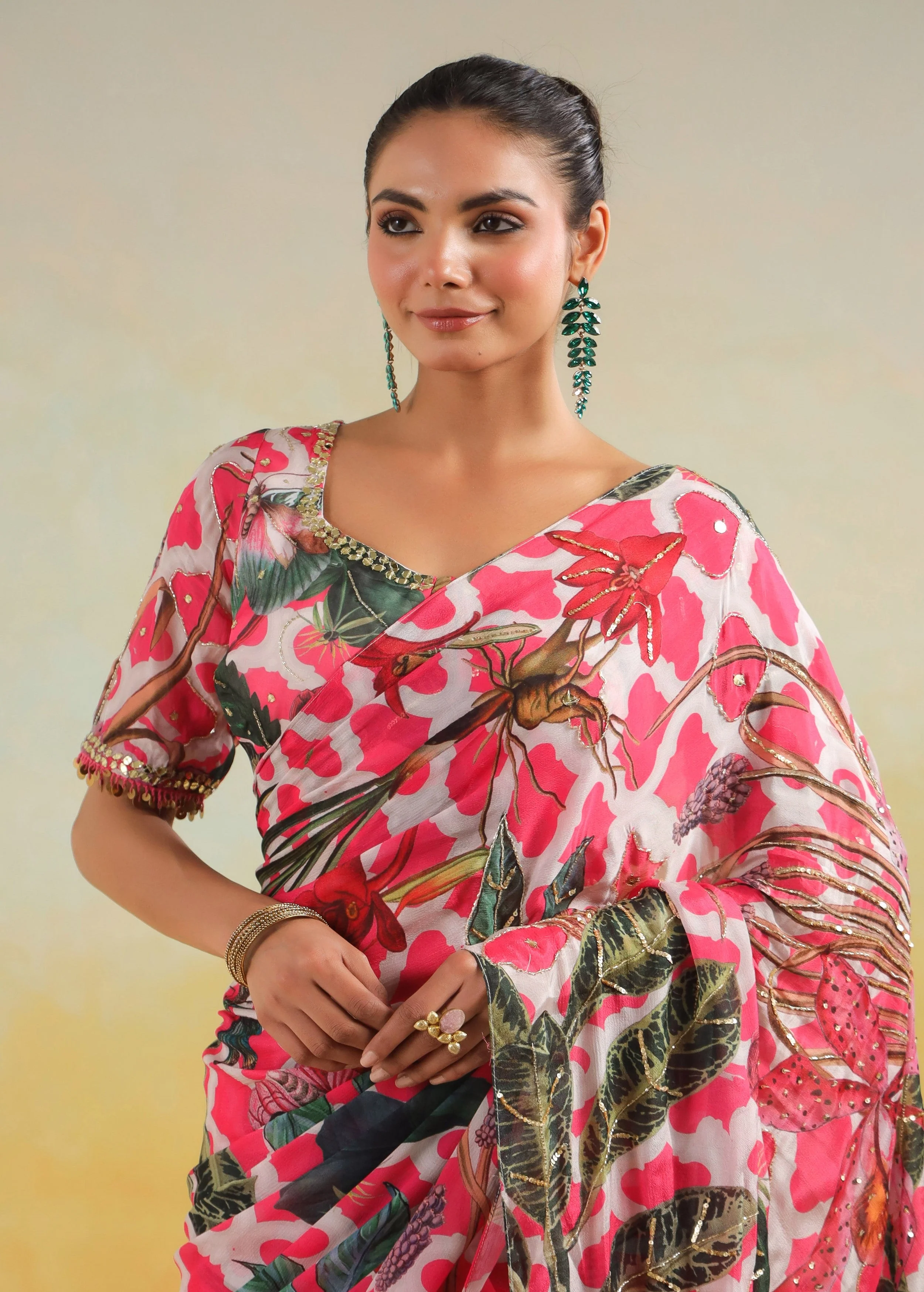 Fuchsia Pink Printed Chinon Silk Saree - Image 3