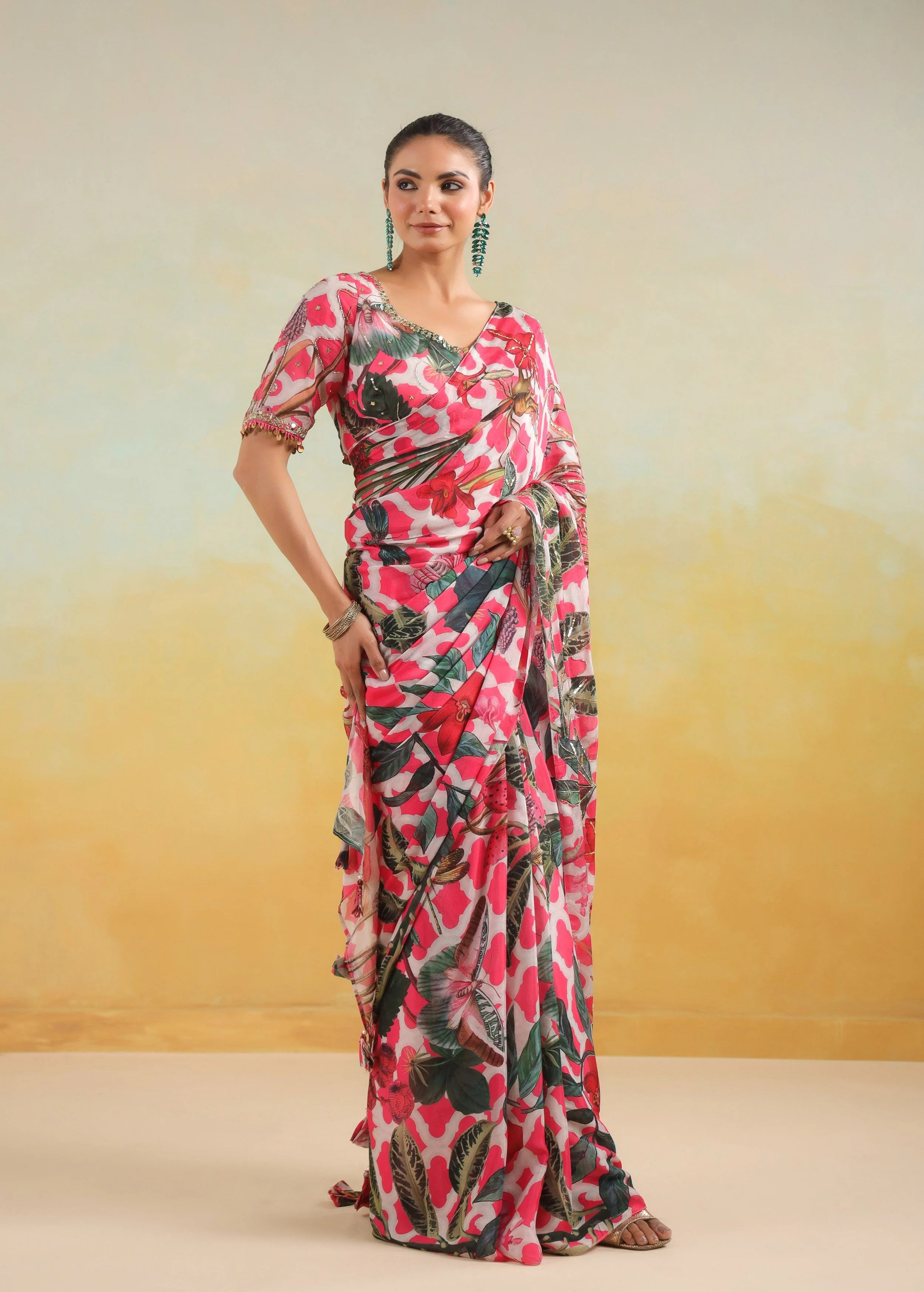Fuchsia Pink Printed Chinon Silk Saree - Image 4