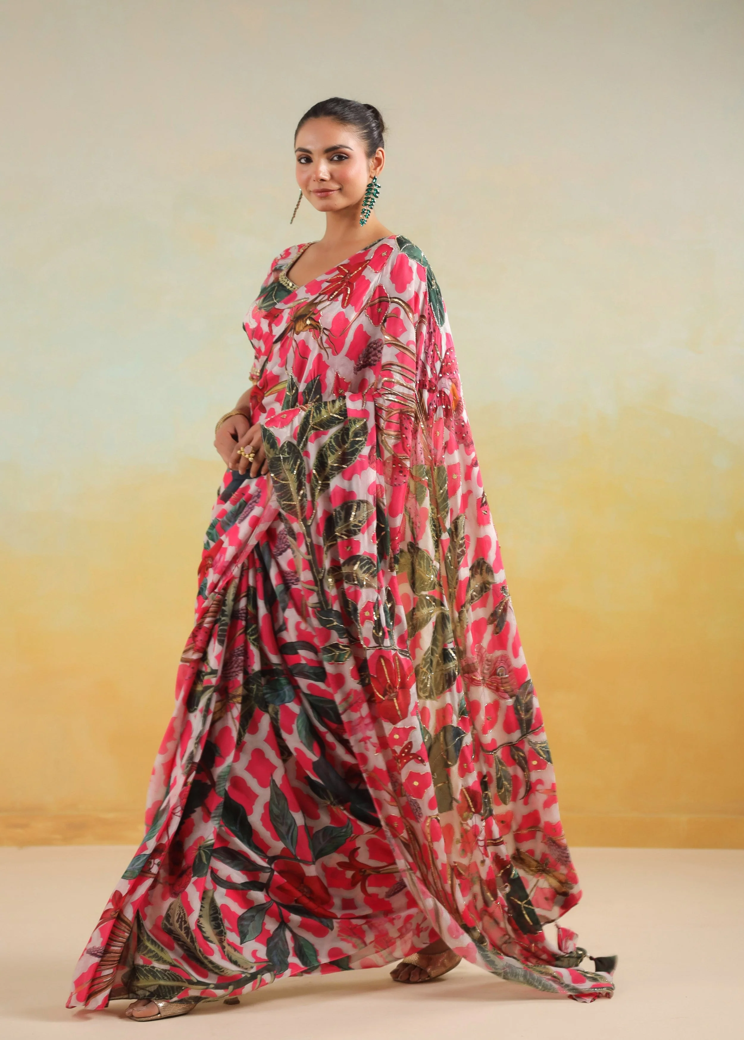 Fuchsia Pink Printed Chinon Silk Saree - Image 5