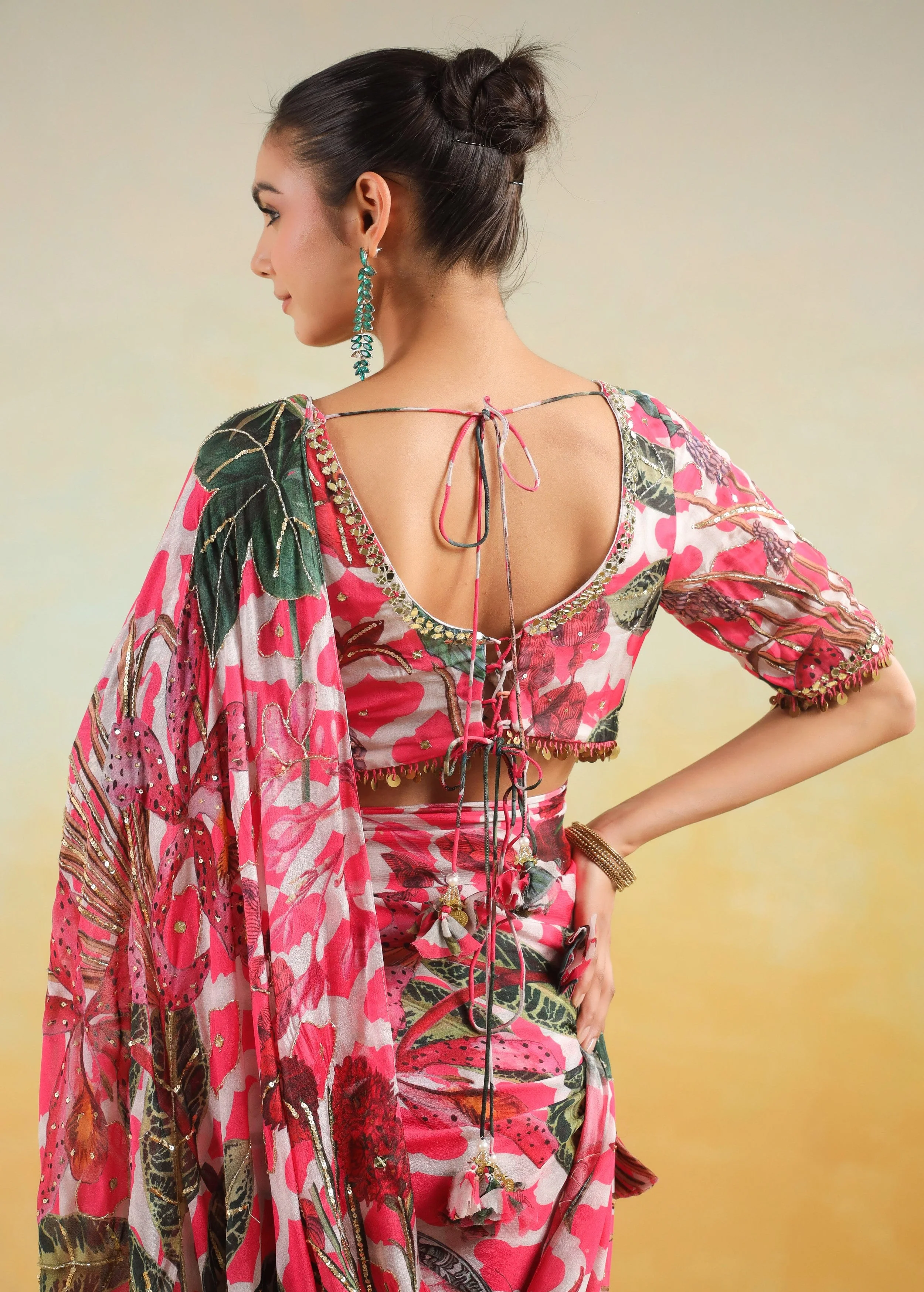 Fuchsia Pink Printed Chinon Silk Saree - Image 6