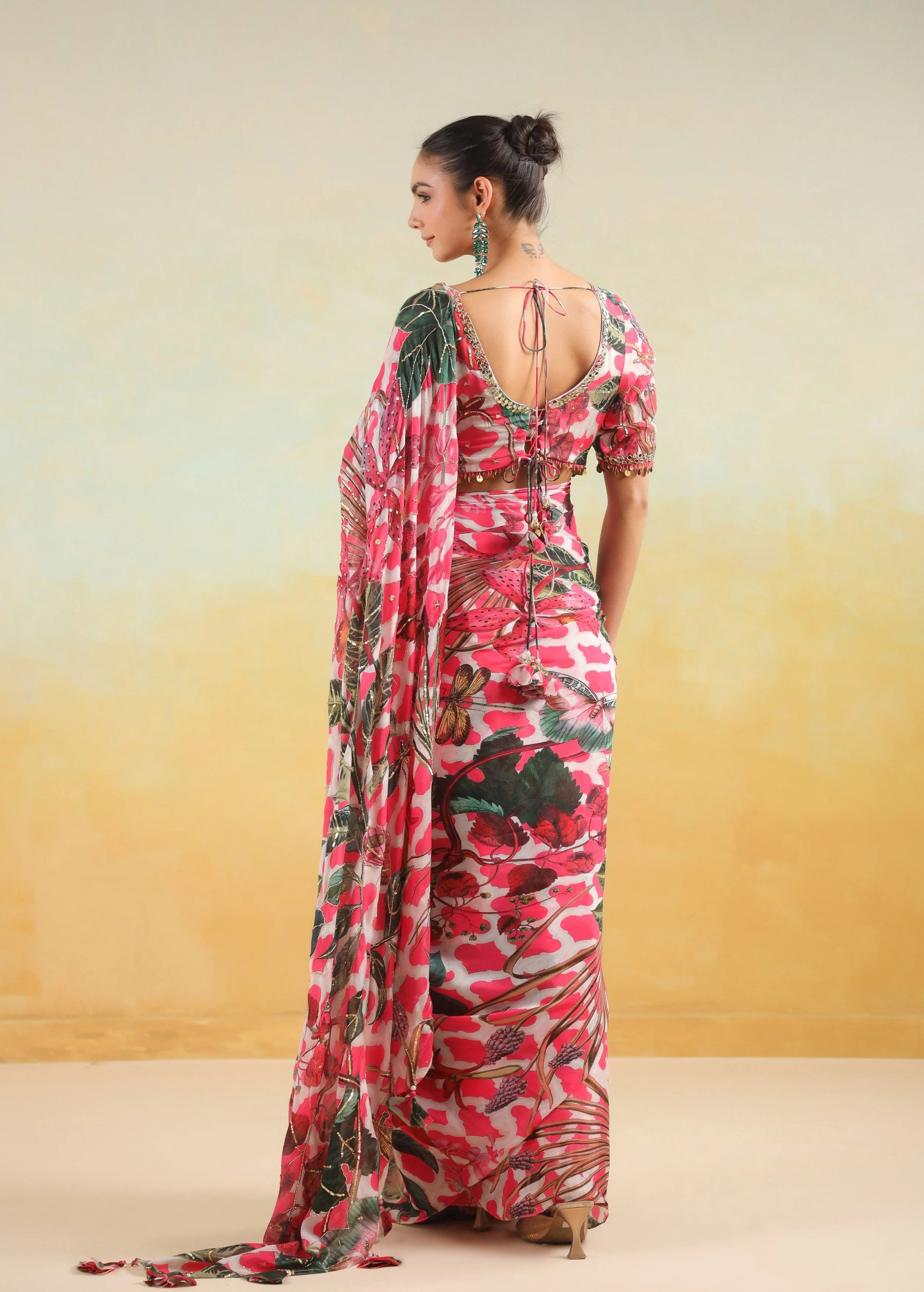 Fuchsia Pink Printed Chinon Silk Saree - Image 7