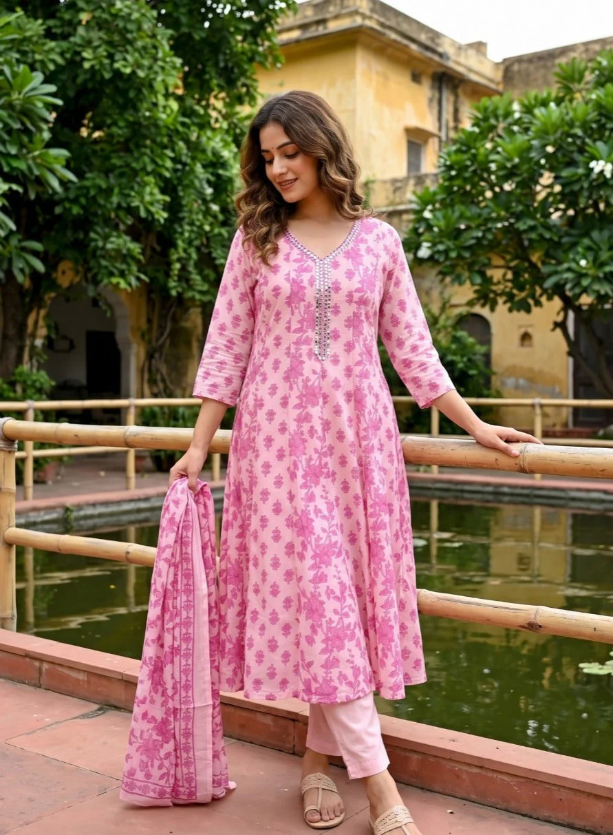 Rose Pink Floral Printed Cotton Pant Set