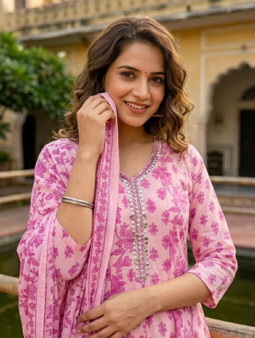 Rose Pink Floral Printed Cotton Pant Set - Image 2
