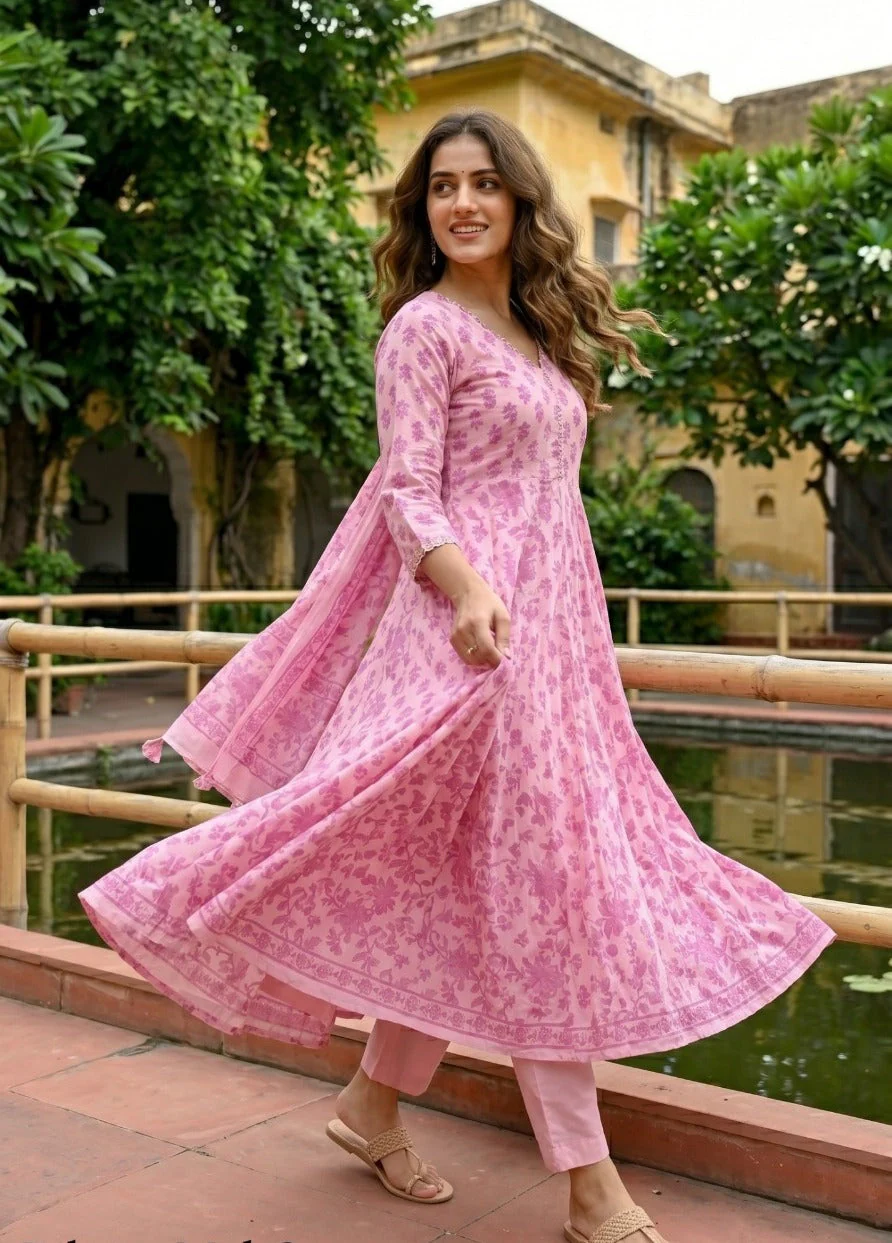 Rose Pink Floral Printed Cotton Pant Set - Image 3