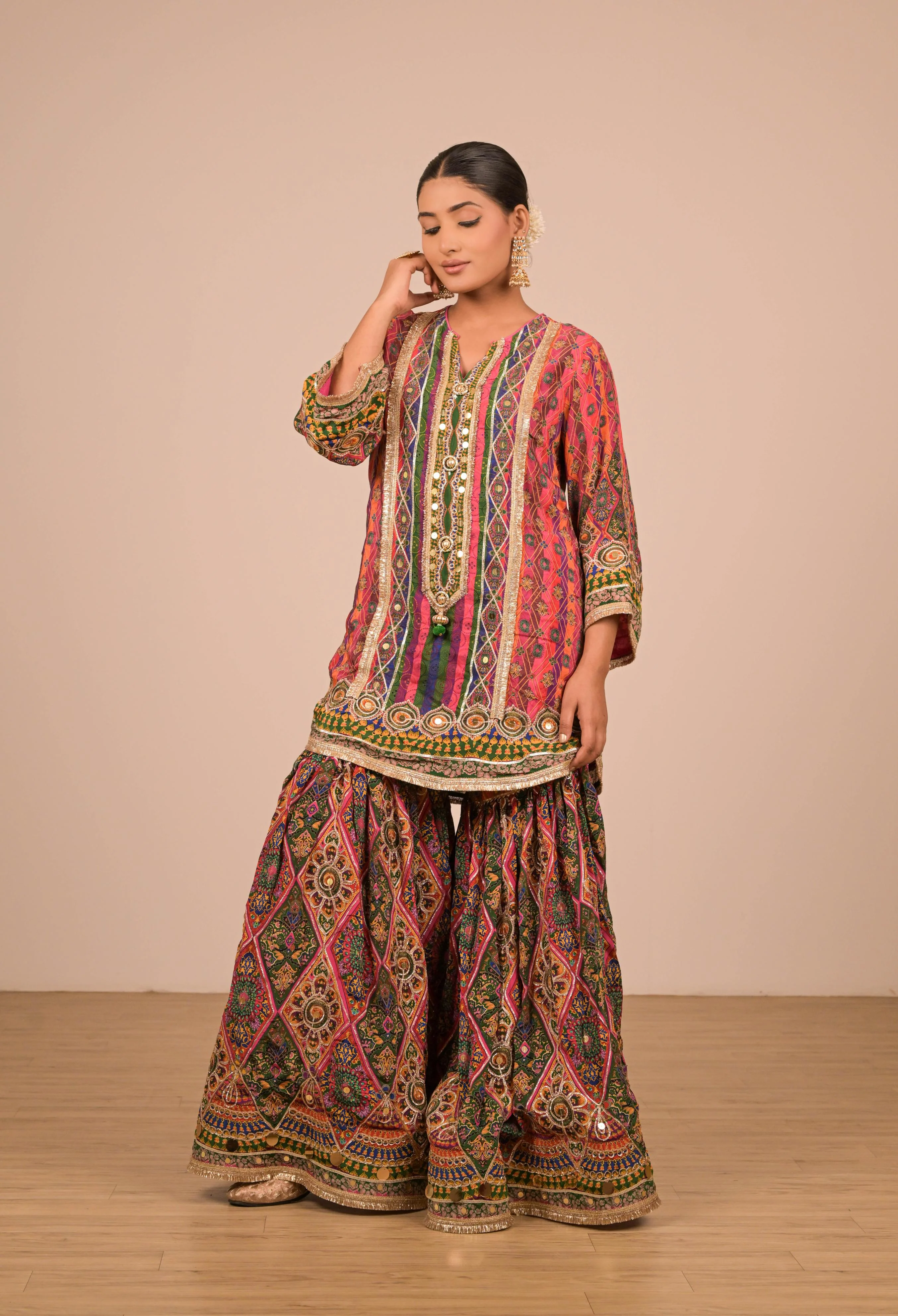 Pink & Green Multicolour Printed Sharara Set - Image 5