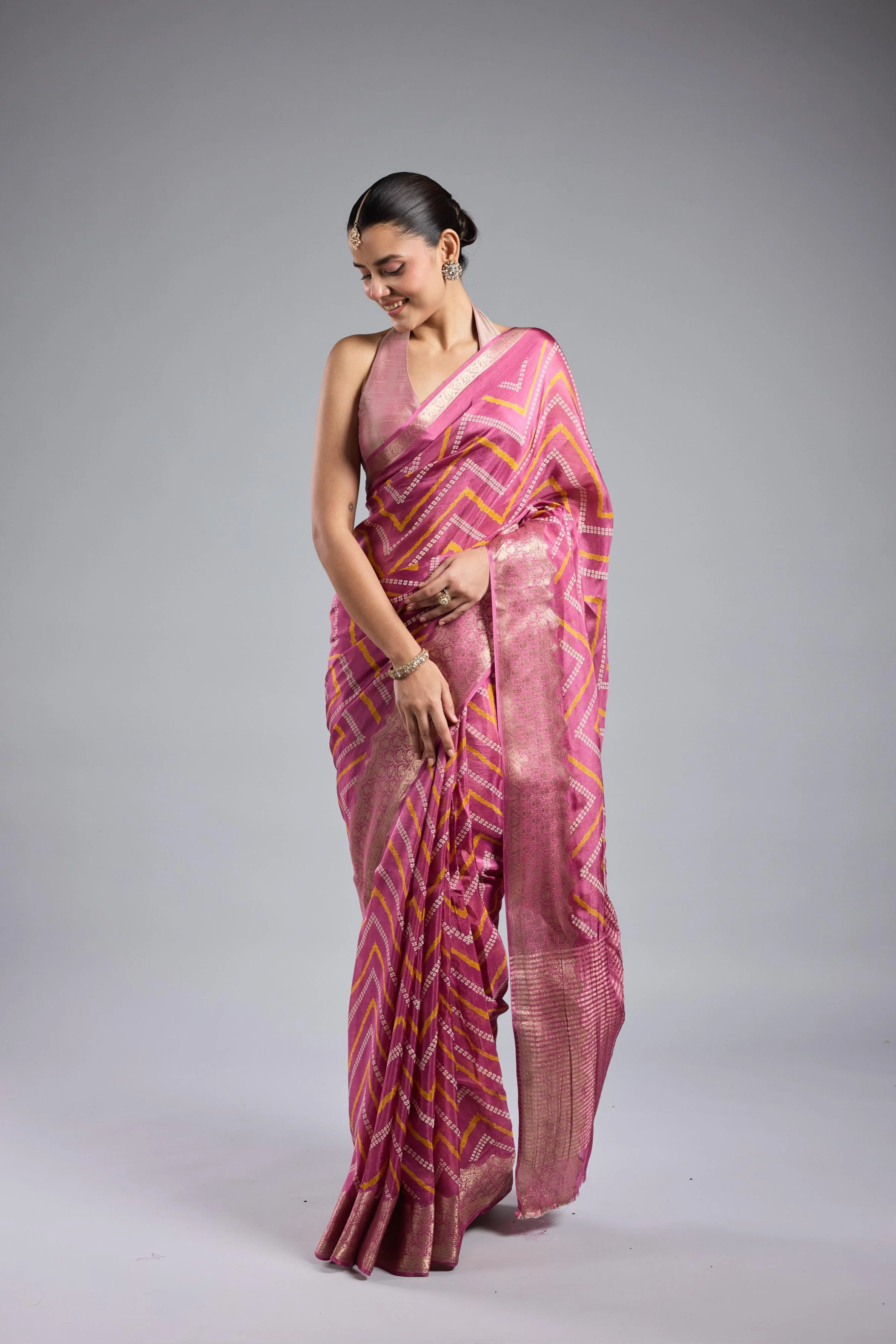 Pink Leheriya Cosmo Silk Saree - Image 2