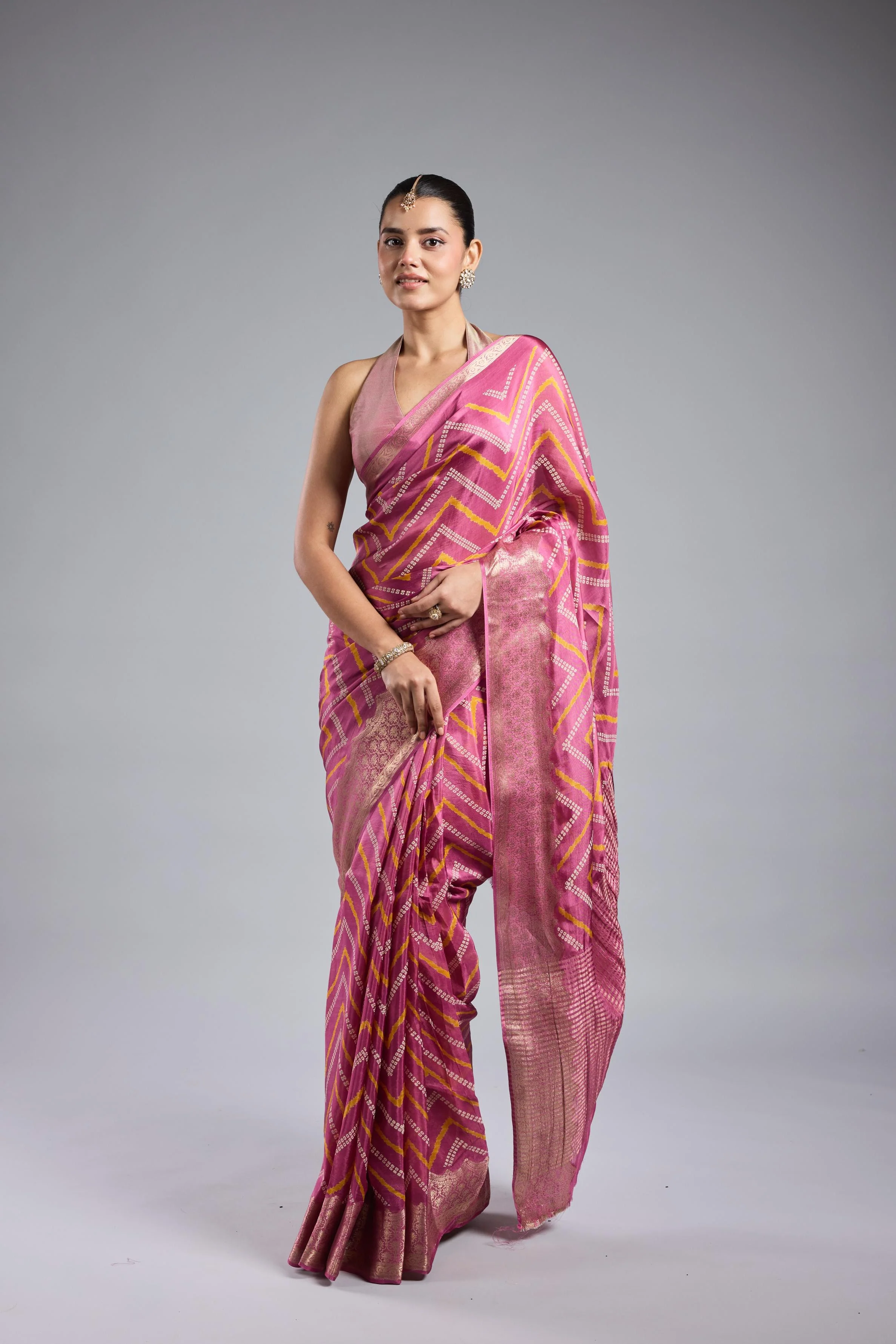 Pink Leheriya Cosmo Silk Saree - Image 3