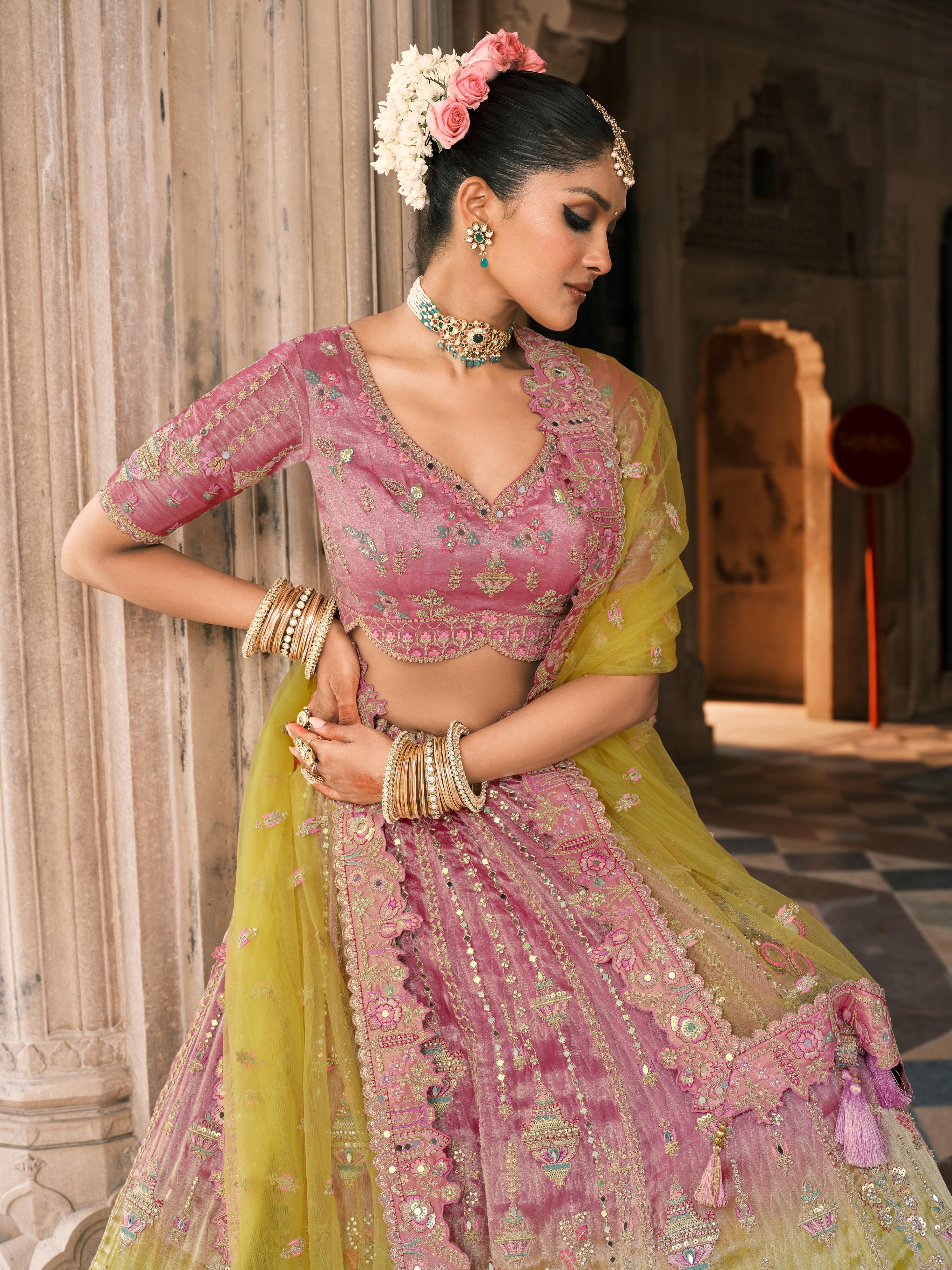 Pink & Lime Shimmer Tissue Silk Embroidered Lehenga Set - Image 2