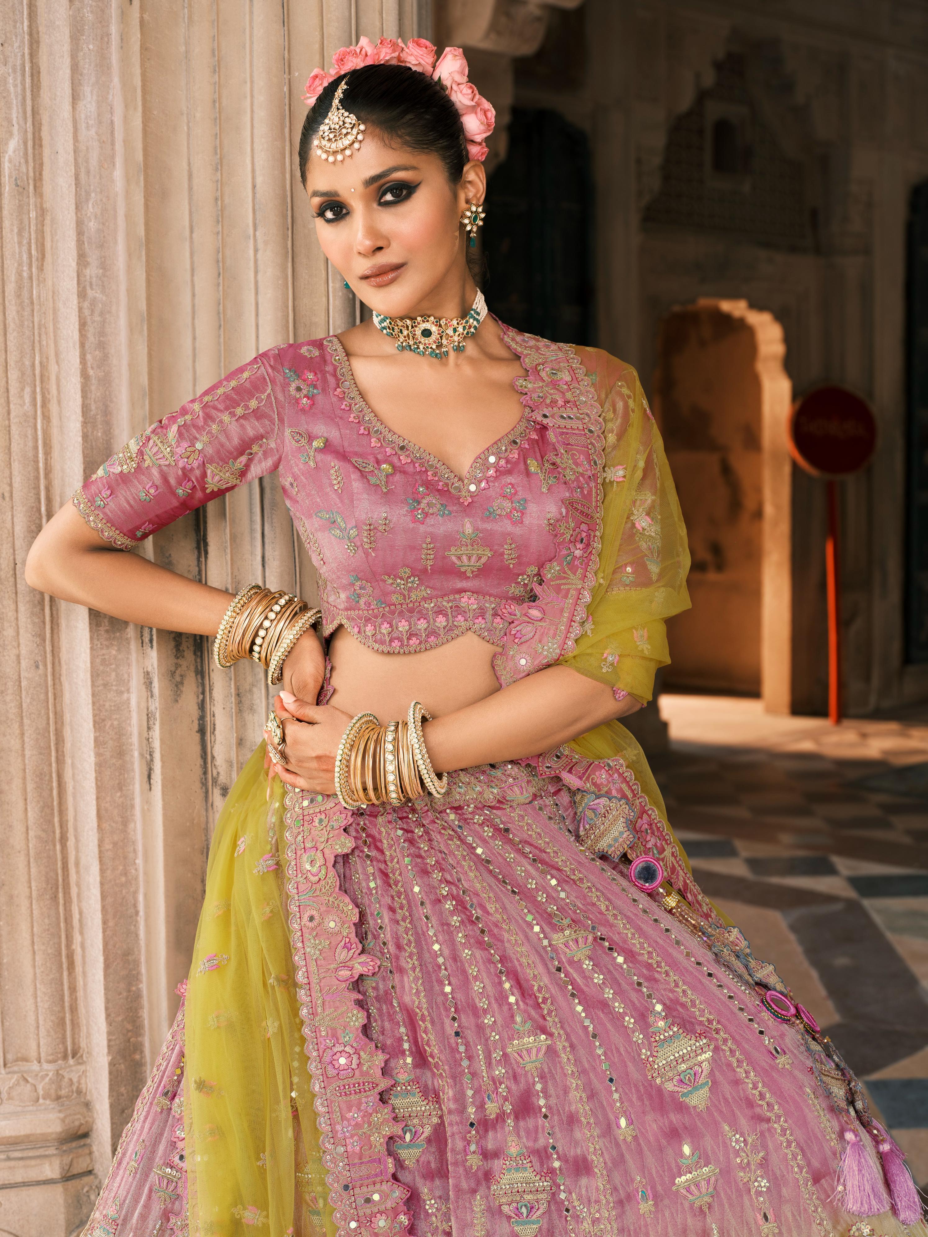 Pink & Lime Shimmer Tissue Silk Embroidered Lehenga Set - Image 3