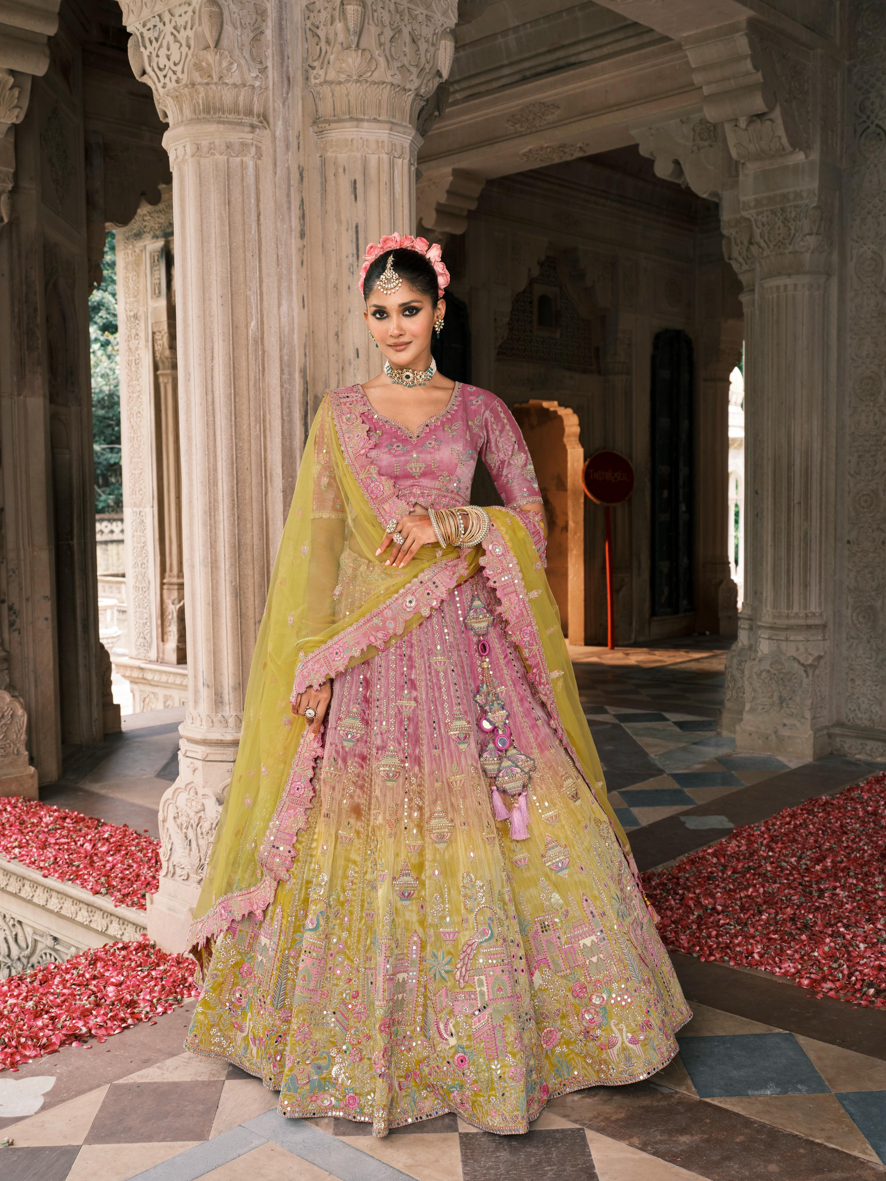 Pink & Lime Shimmer Tissue Silk Embroidered Lehenga Set - Image 4