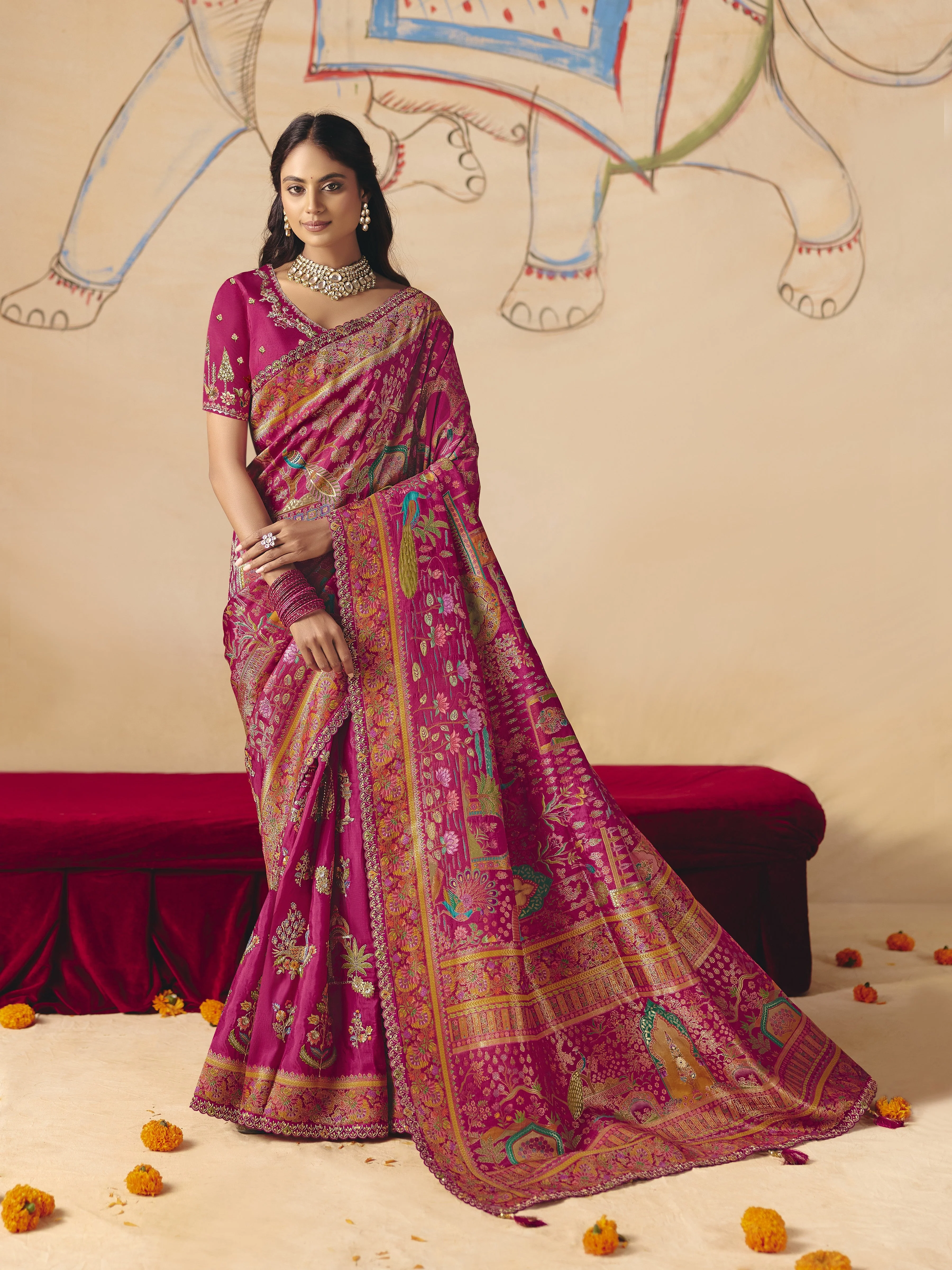 Pink Majesty Embellished Dola Silk Saree