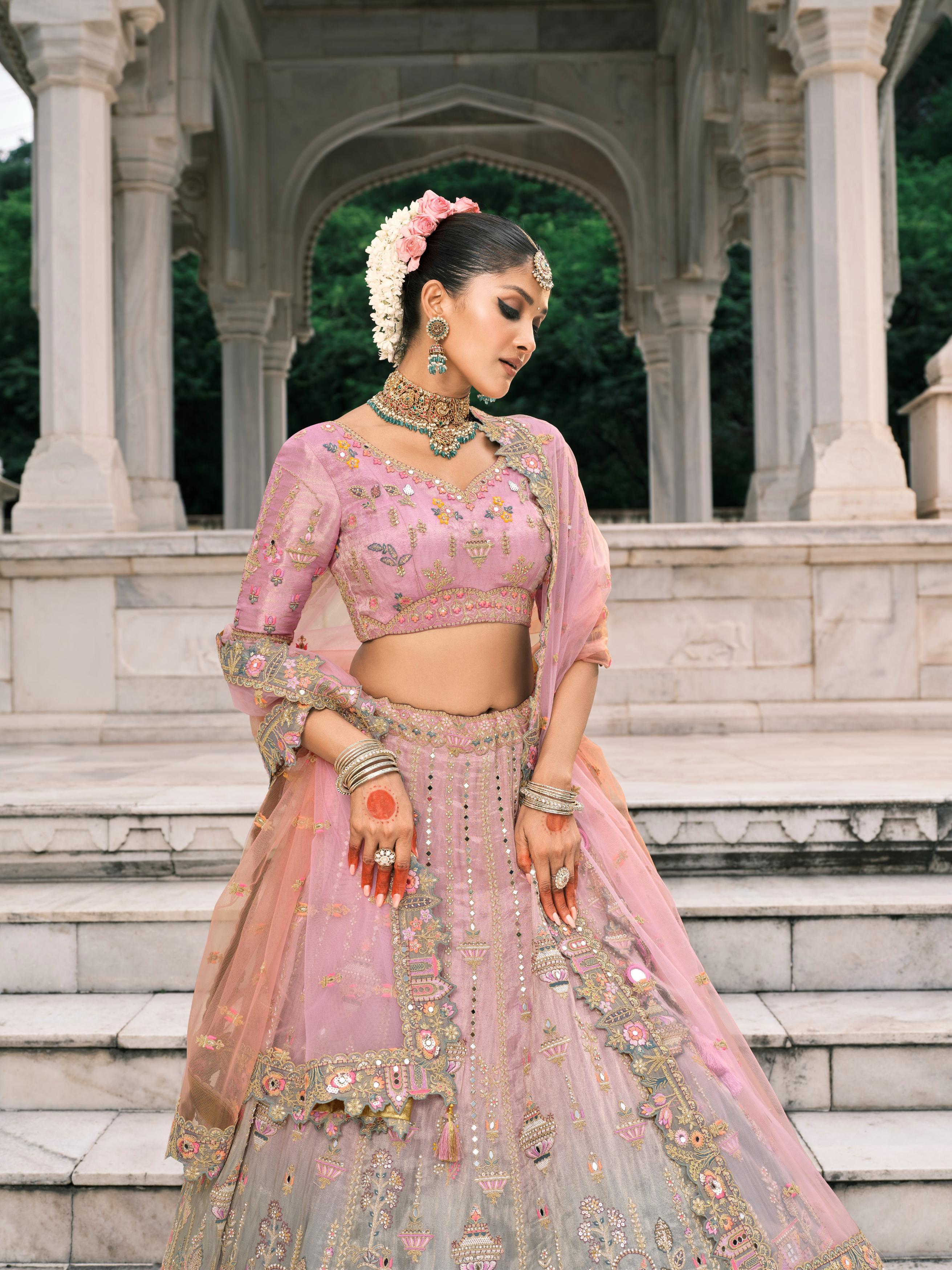 Pink Mint Multicolor Handwork Premium Fancy Silk Lehenga Set - Image 2