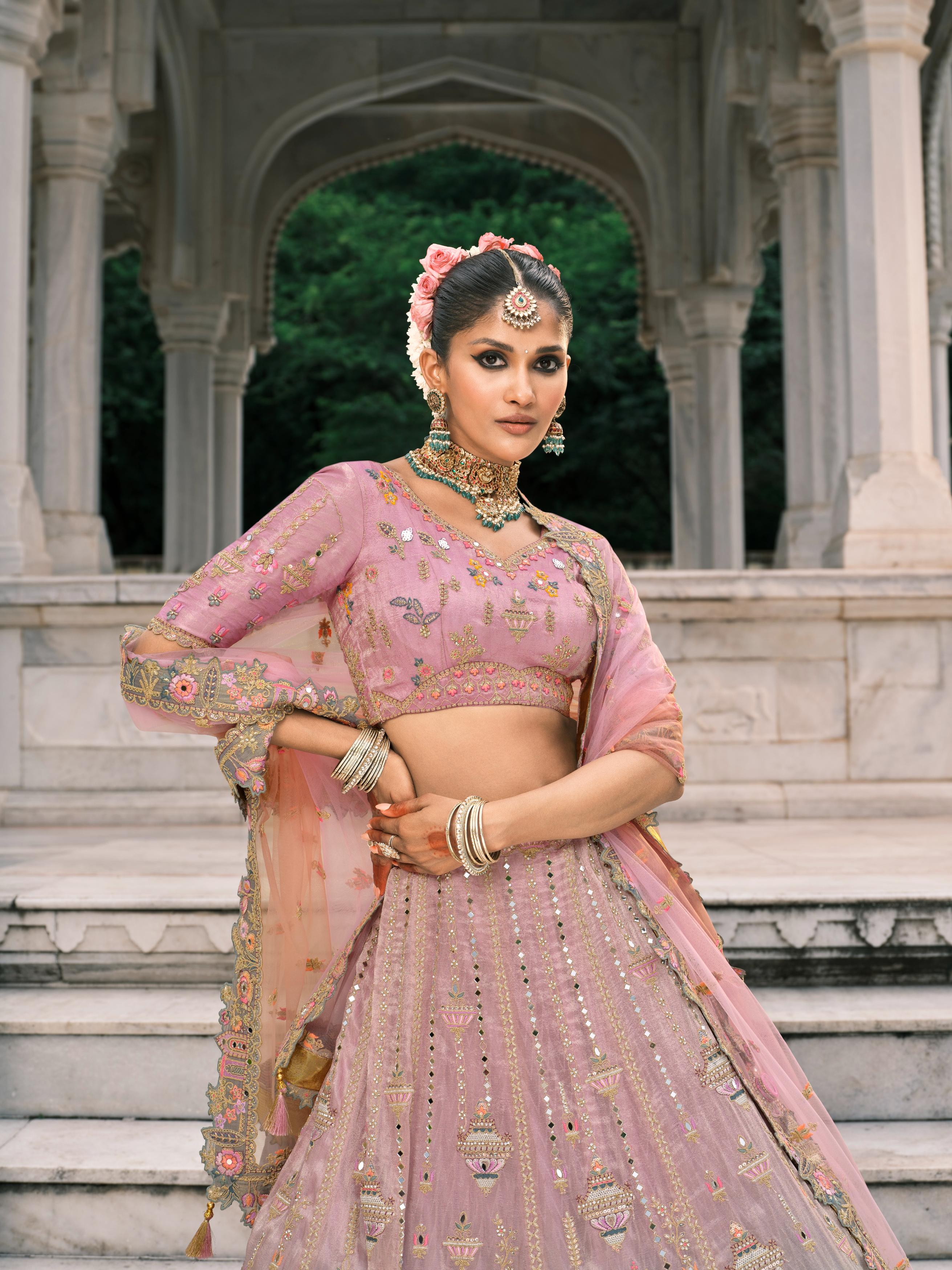 Pink Mint Multicolor Handwork Premium Fancy Silk Lehenga Set - Image 3