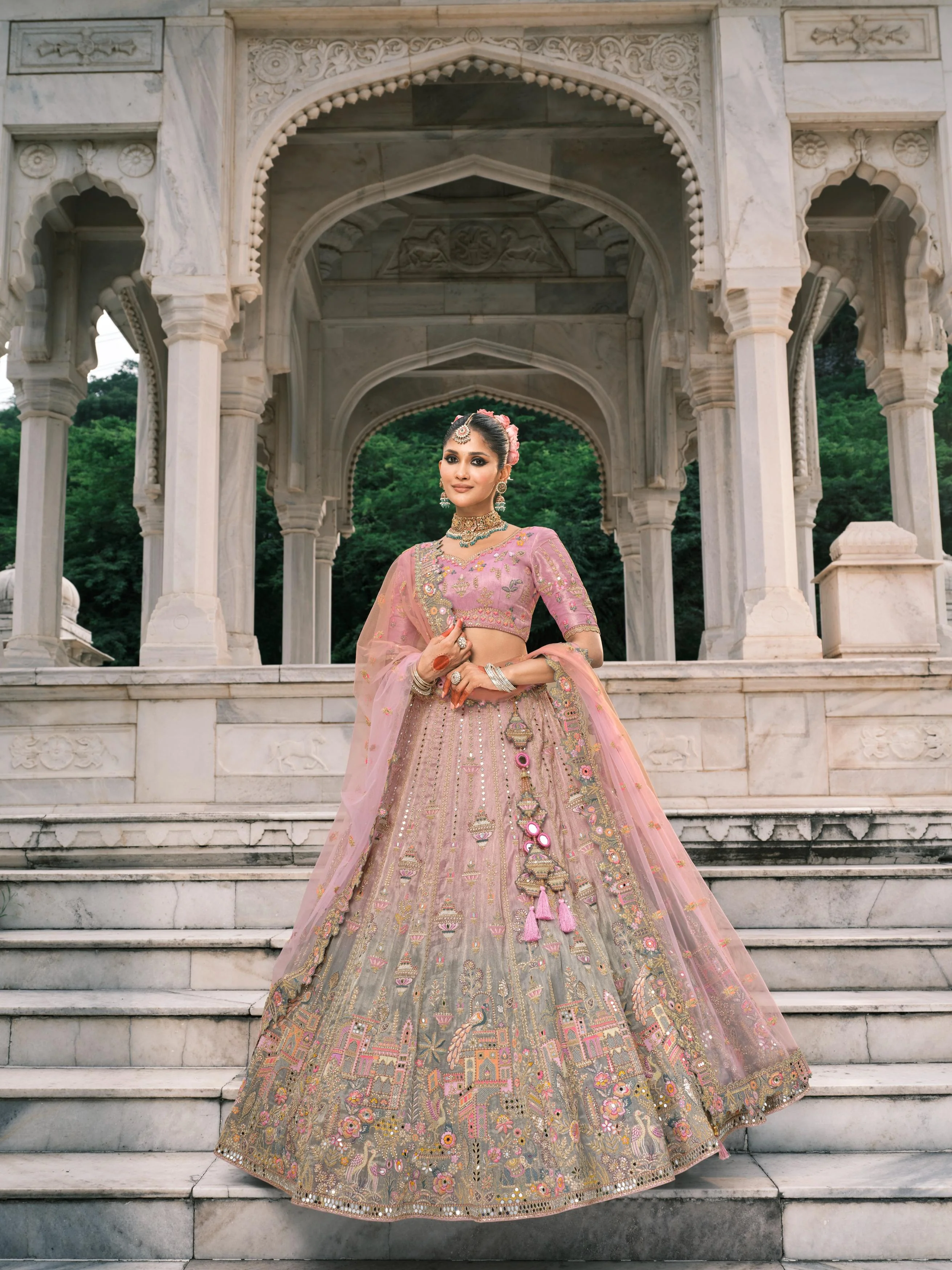 Pink Mint Multicolor Handwork Premium Fancy Silk Lehenga Set - Image 4