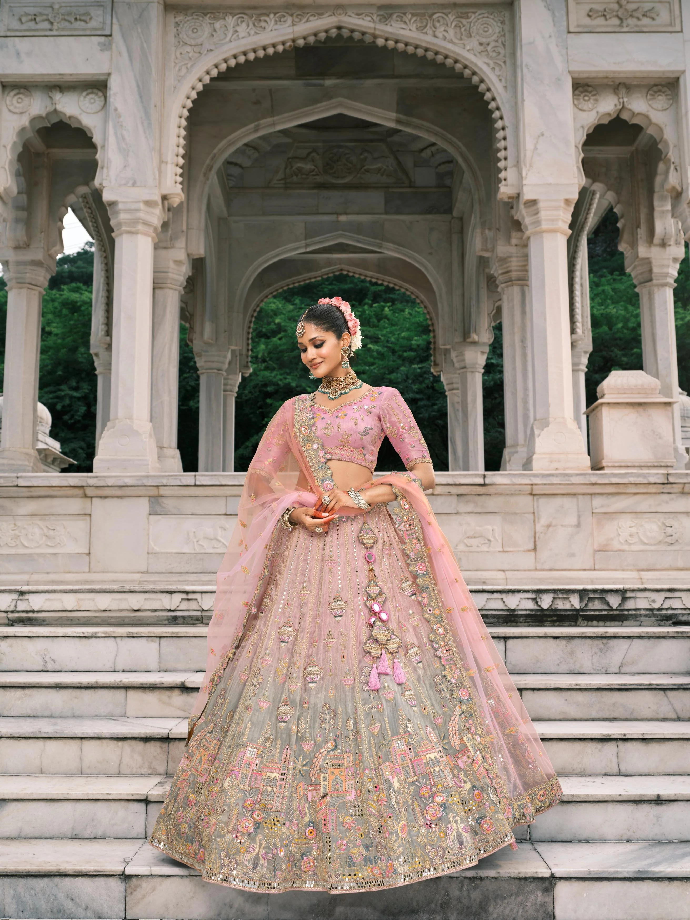 Pink Mint Multicolor Handwork Premium Fancy Silk Lehenga Set - Image 5