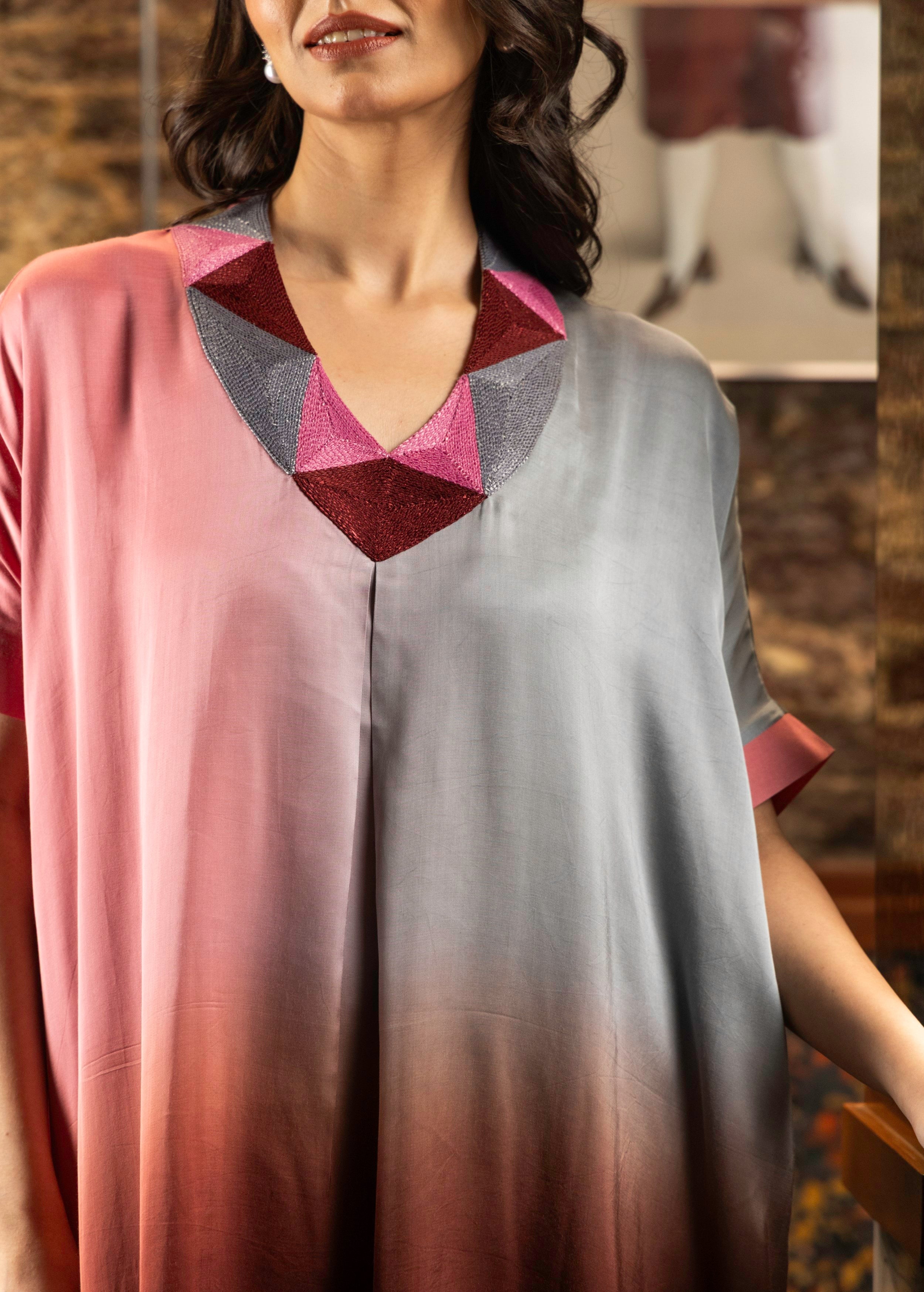 Pink Ombre Dyed Satin Silk Kurta Set - Image 2