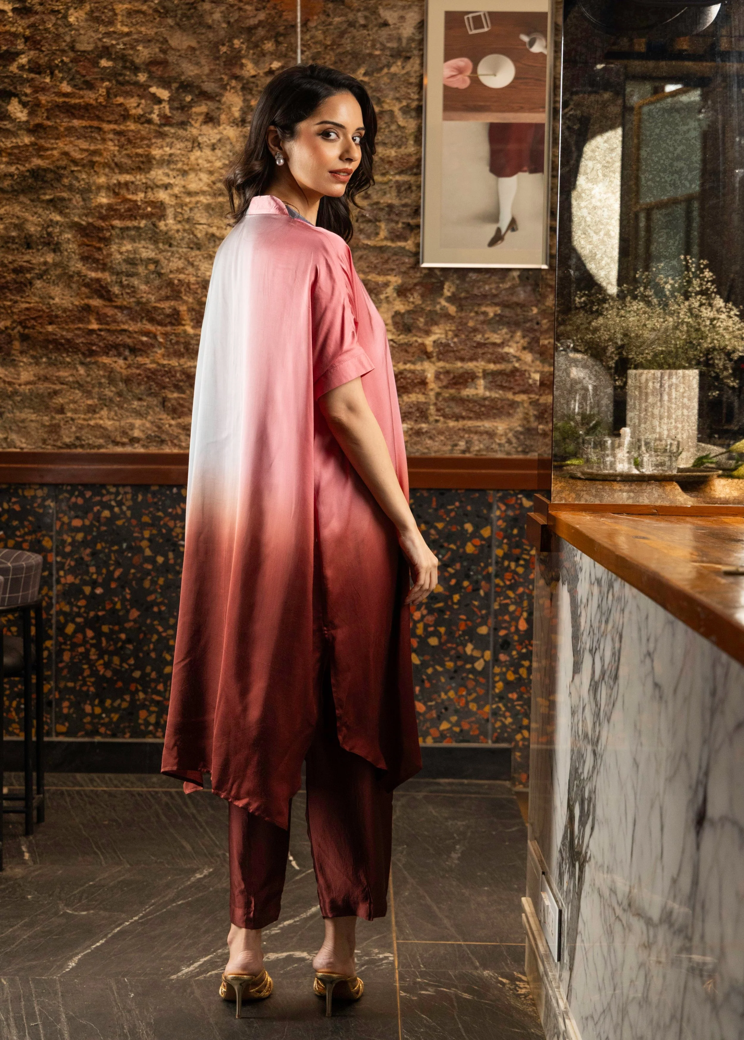 Pink Ombre Dyed Satin Silk Kurta Set - Image 3