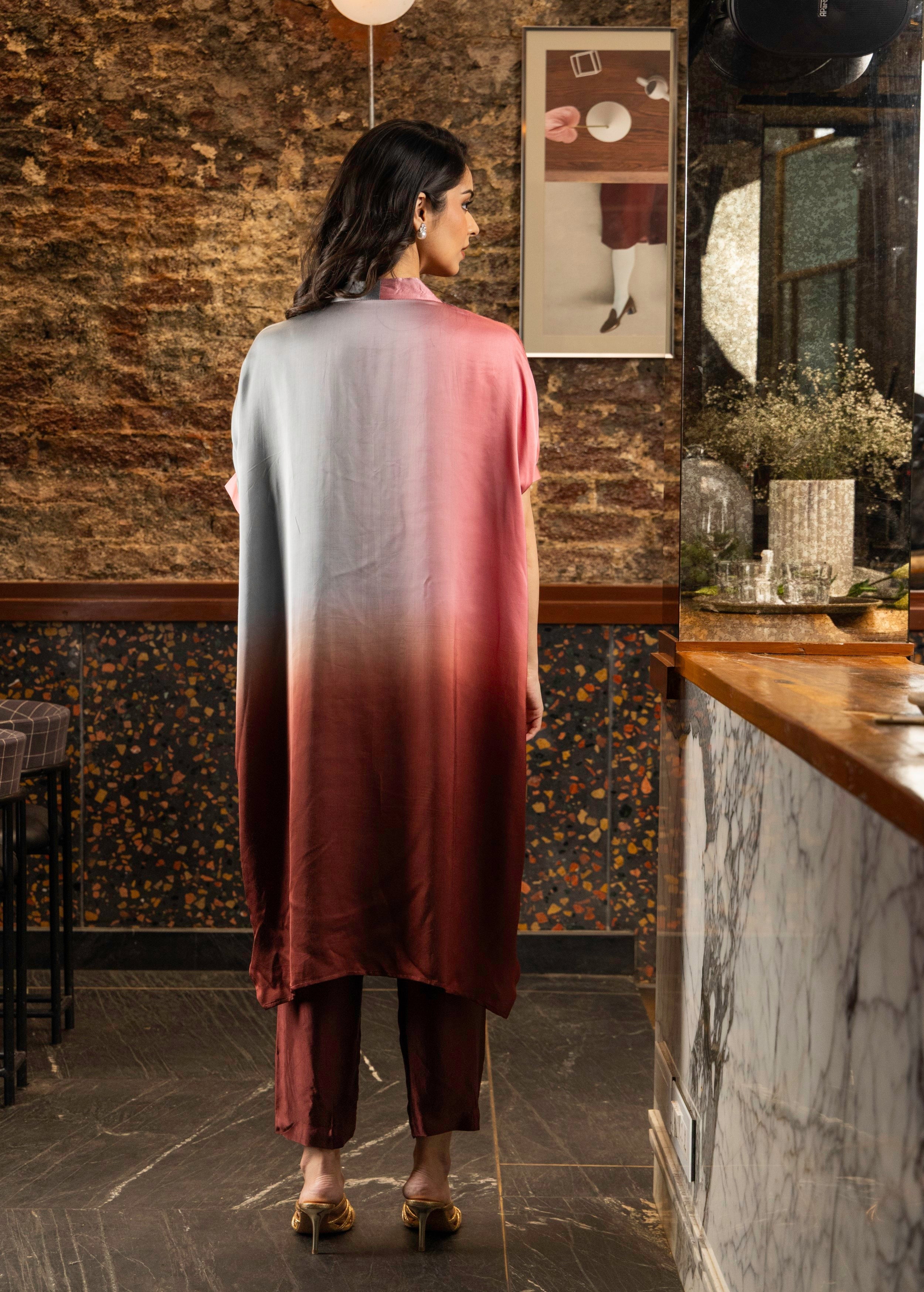 Pink Ombre Dyed Satin Silk Kurta Set - Image 4