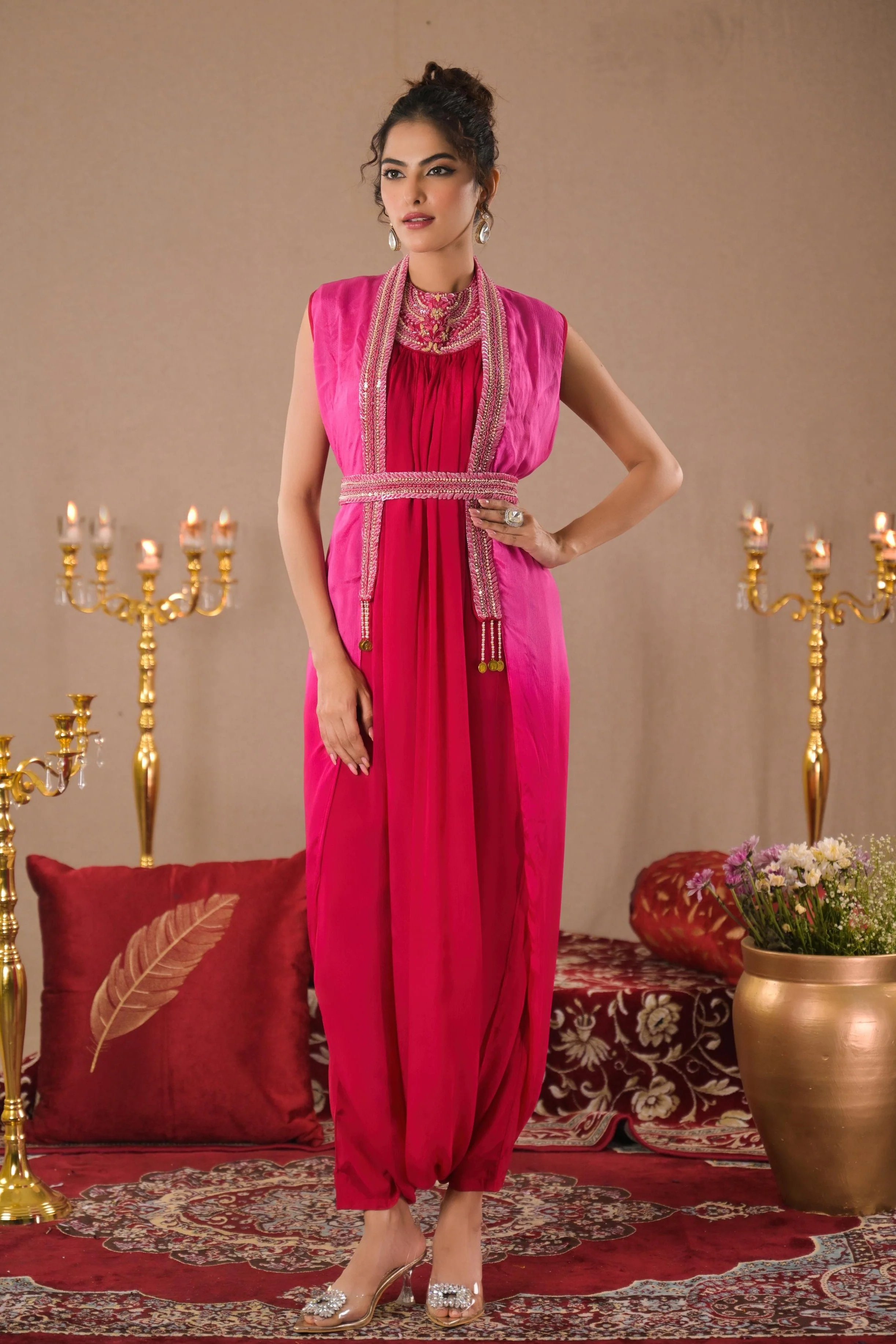 Pink Ombre Dyed Chinon Silk Dress With Pants - Image 3