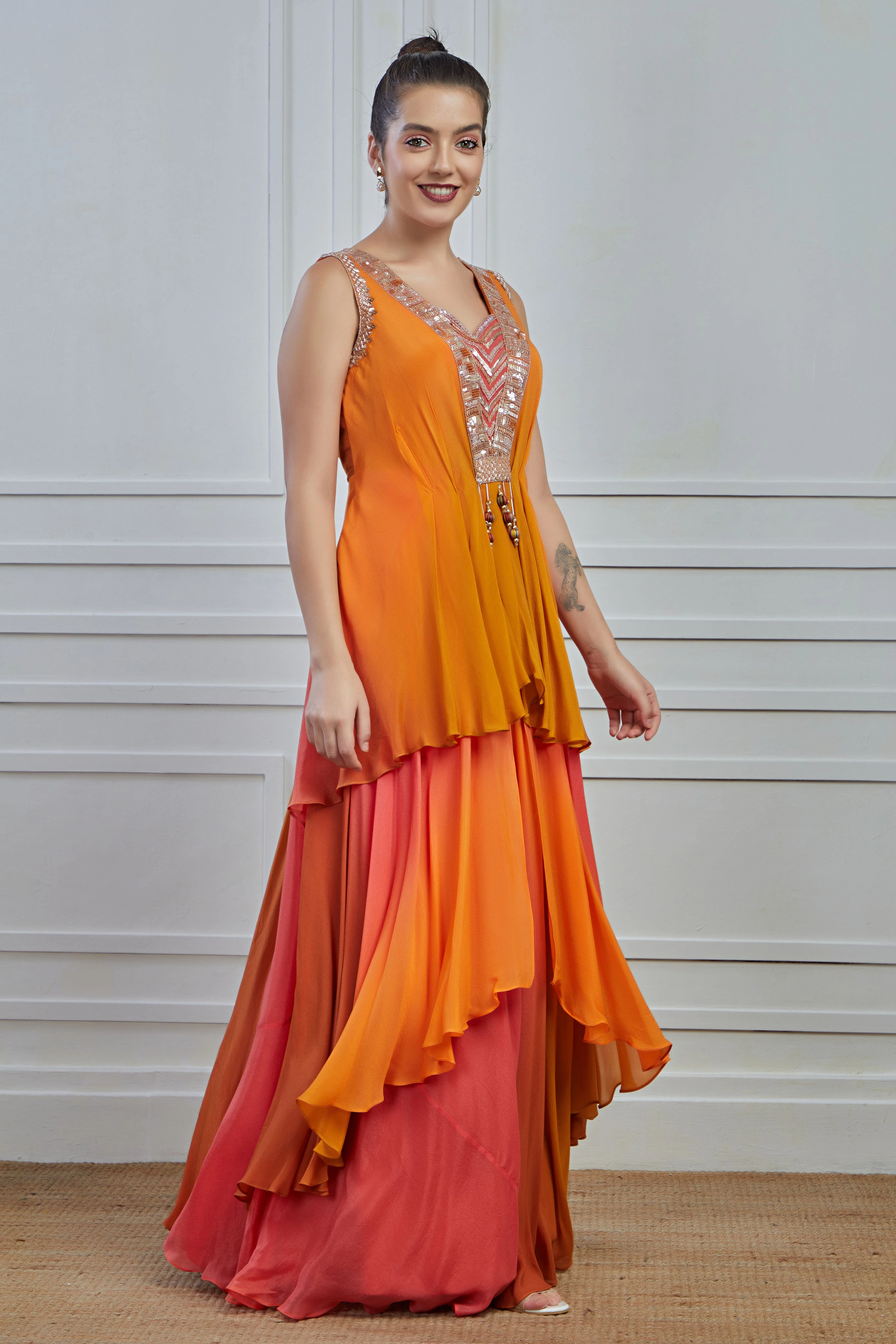 Mustard Ombre-Dyed Crepe Silk Layered Gown - Image 3