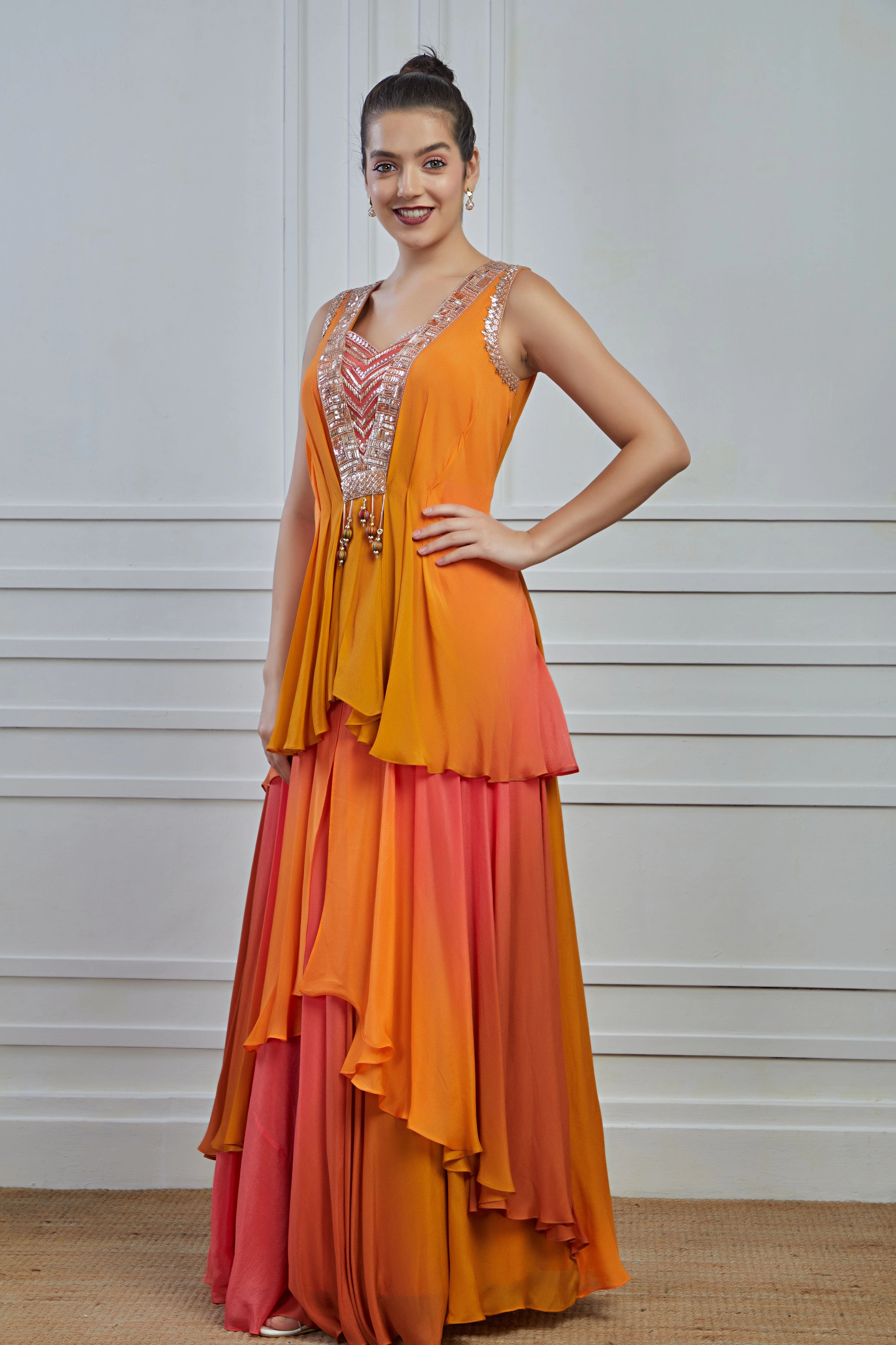 Mustard Ombre-Dyed Crepe Silk Layered Gown - Image 4