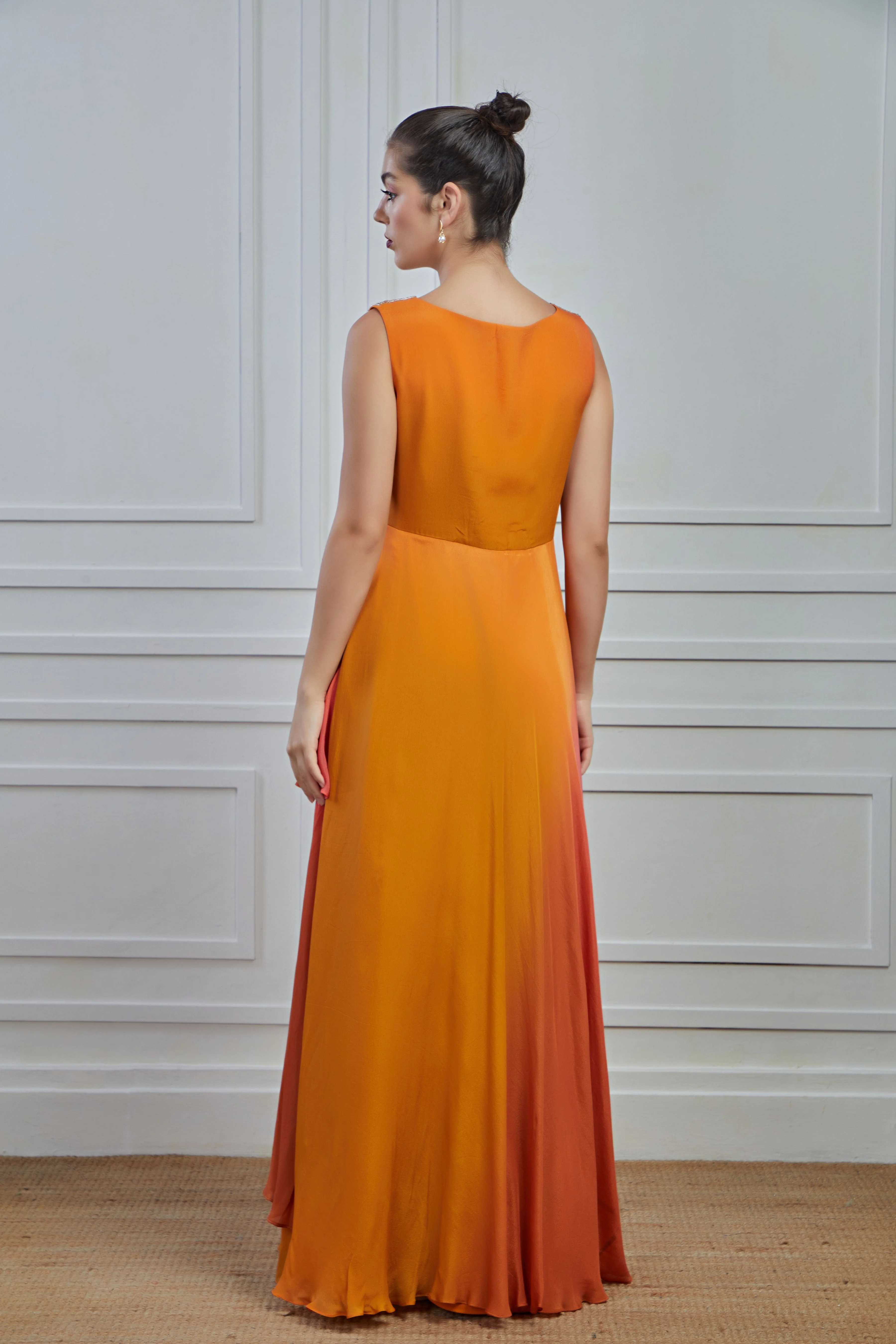 Mustard Ombre-Dyed Crepe Silk Layered Gown - Image 5