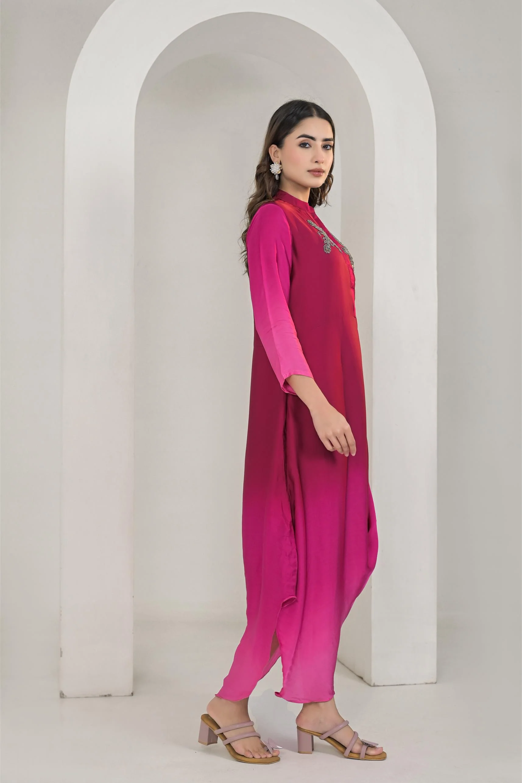 Pink Ombre Dyed Satin Silk Gown - Image 3