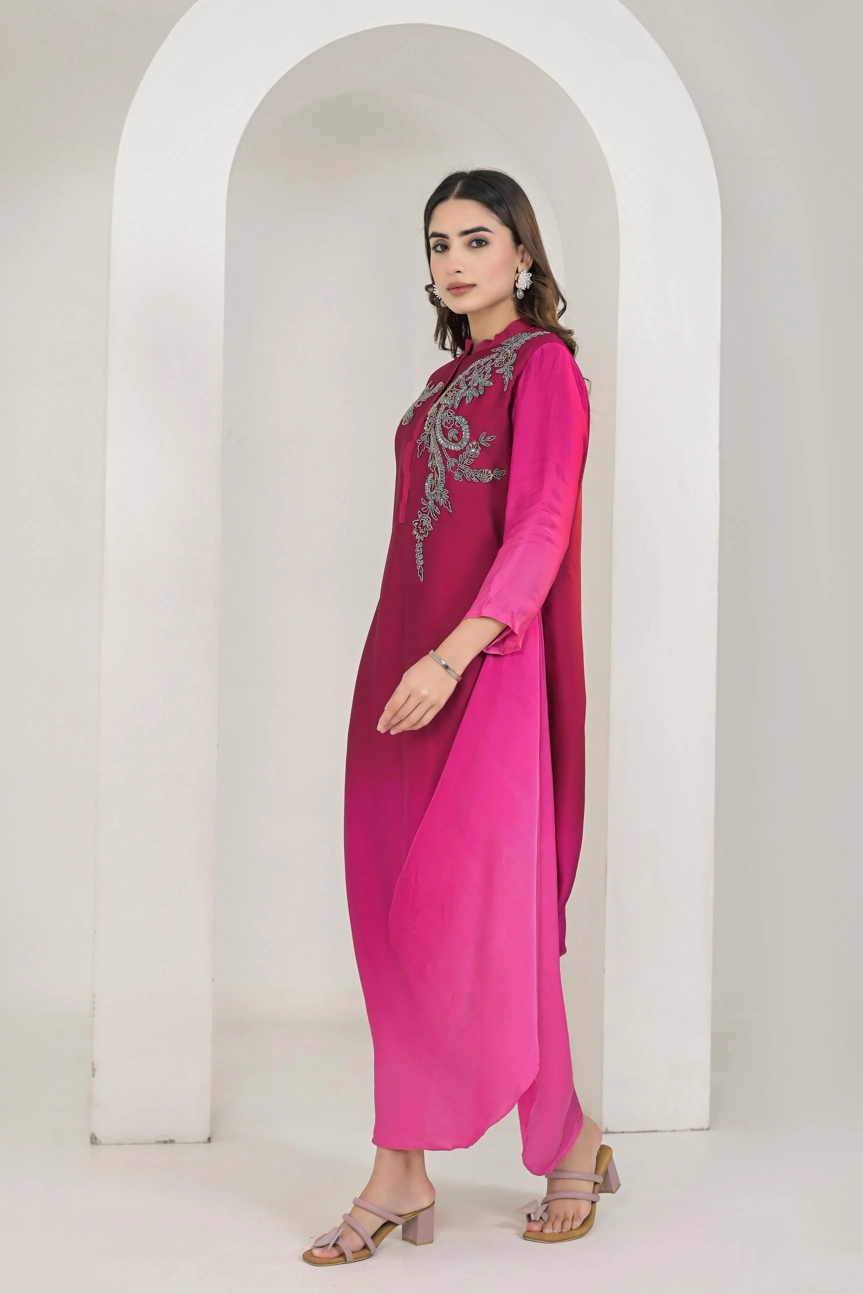 Pink Ombre Dyed Satin Silk Gown - Image 4