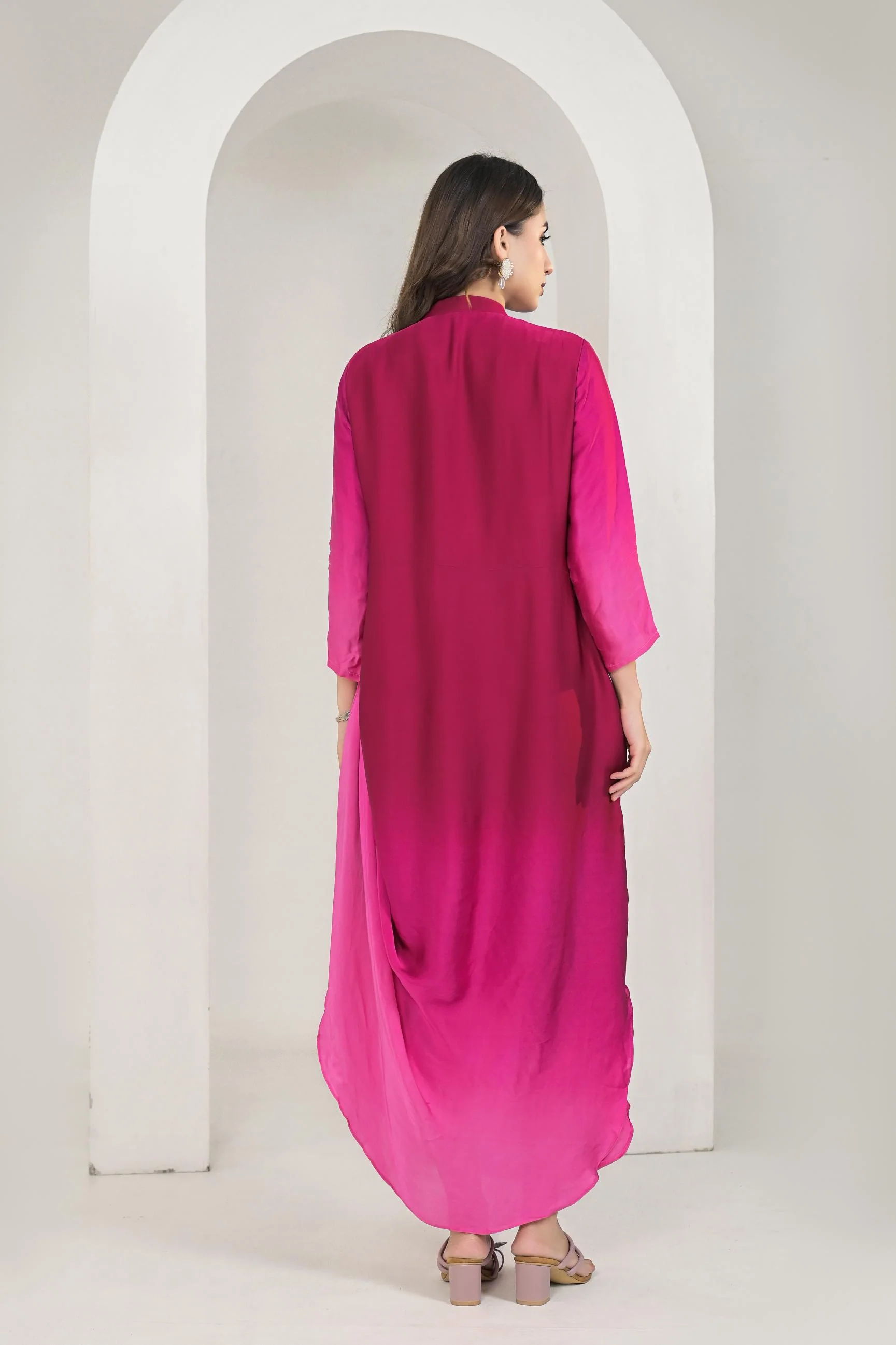 Pink Ombre Dyed Satin Silk Gown - Image 5