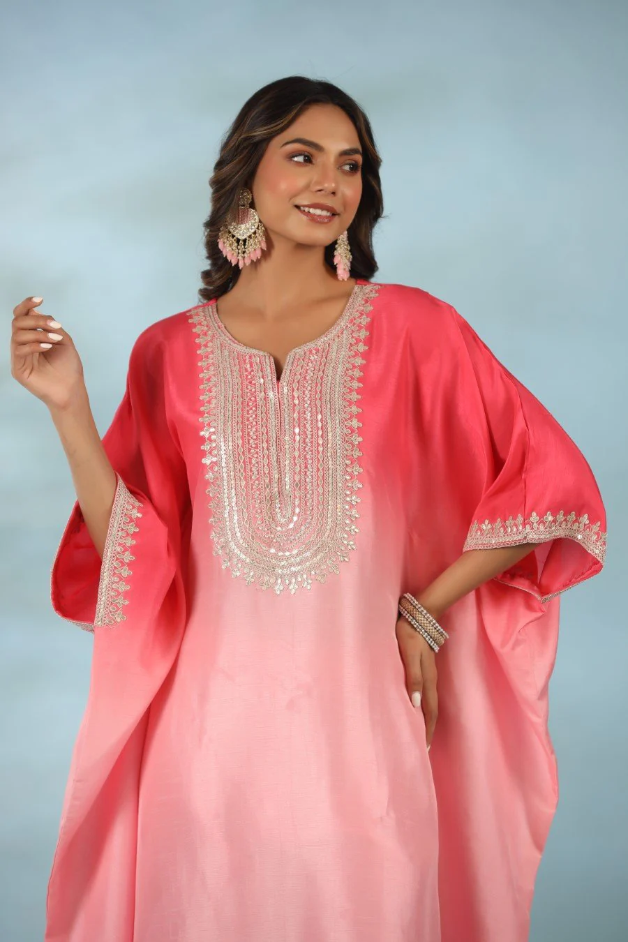Pink Ombre Embroidered Kaftan With Pants - Image 2