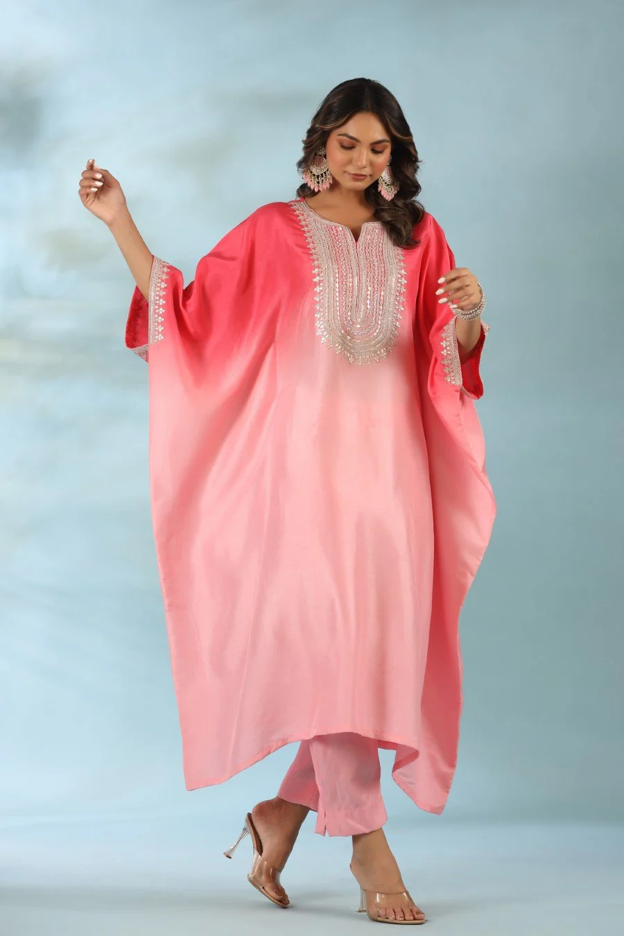 Pink Ombre Embroidered Kaftan With Pants - Image 3