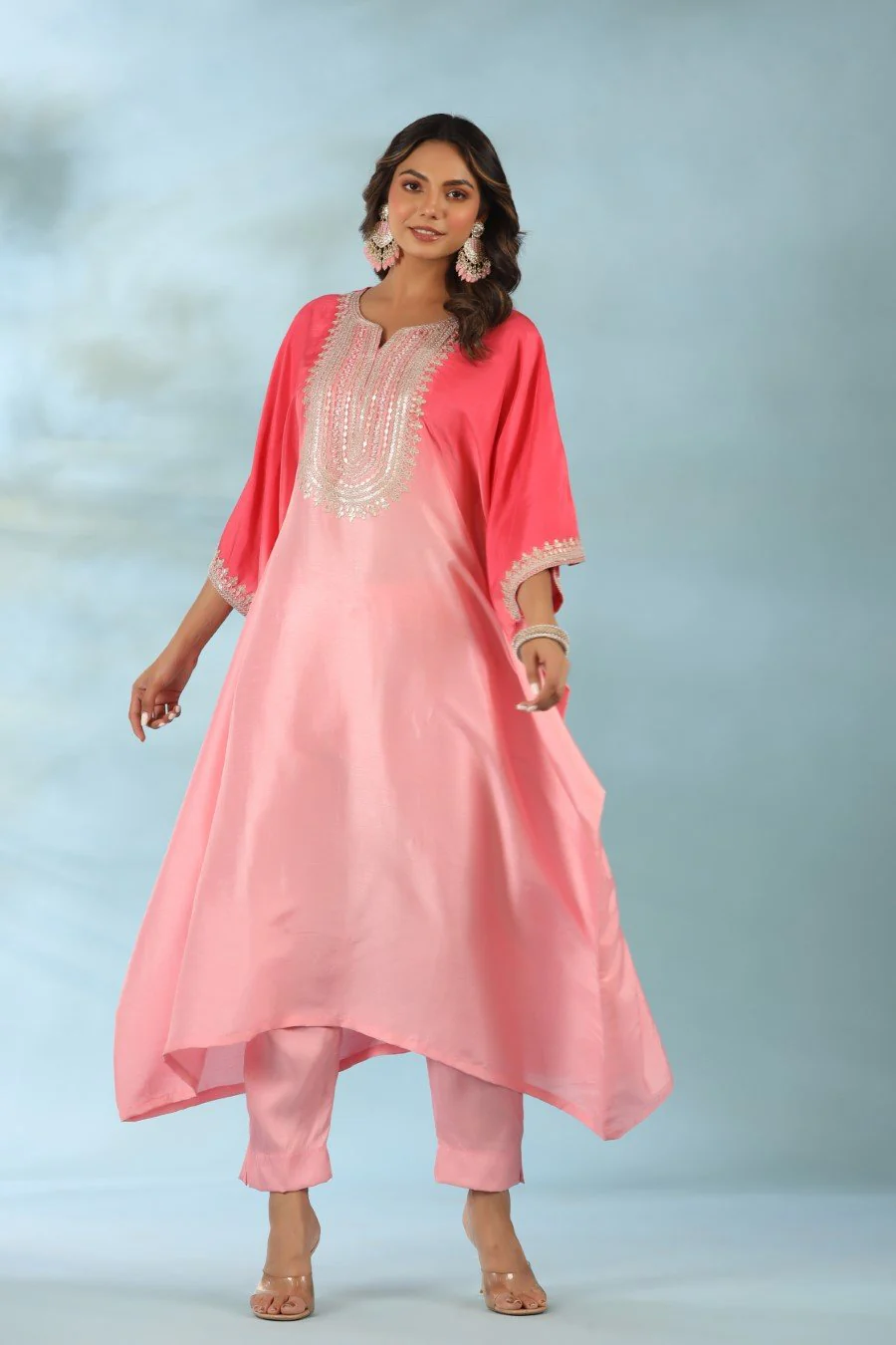 Pink Ombre Embroidered Kaftan With Pants - Image 4
