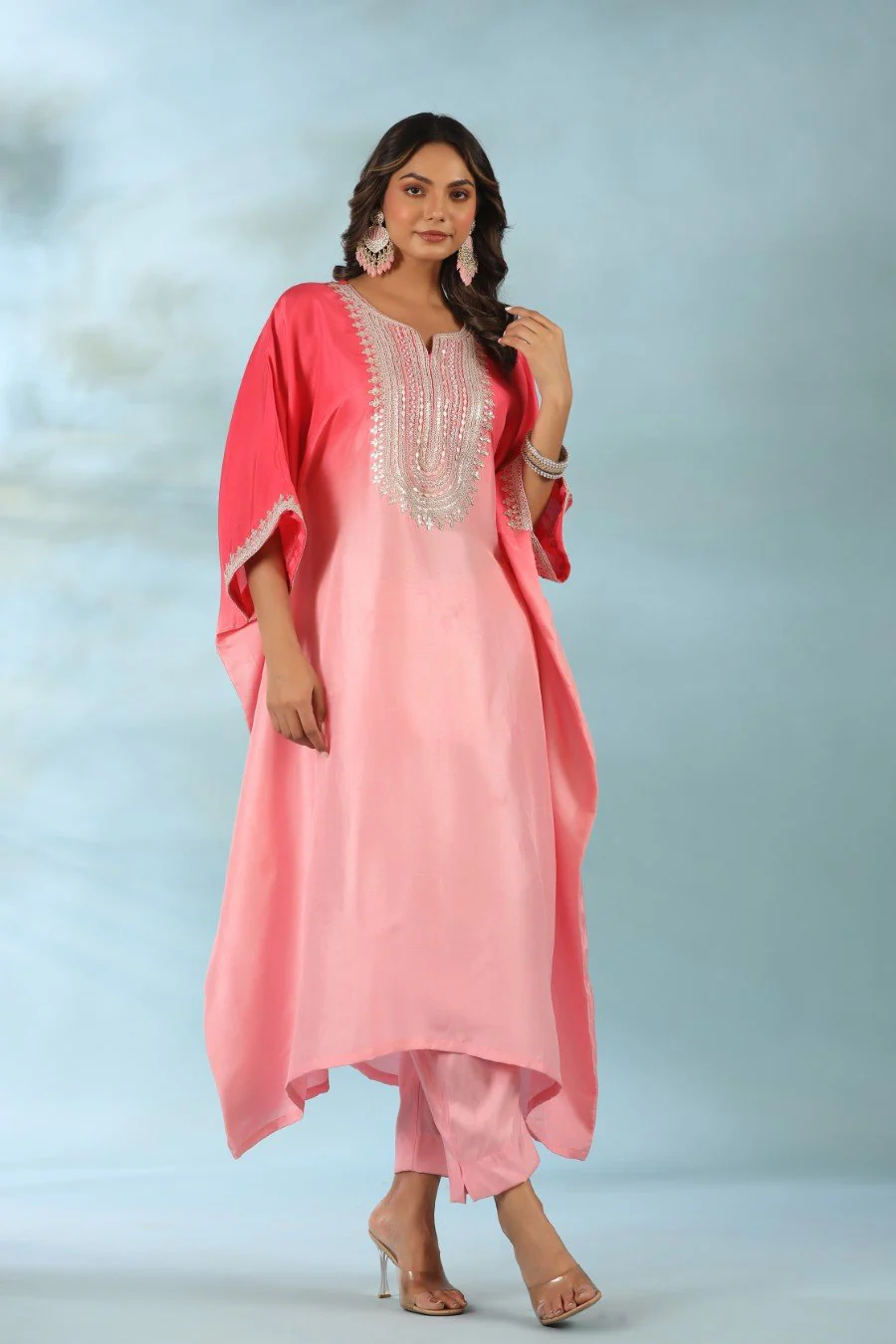 Pink Ombre Embroidered Kaftan With Pants - Image 5