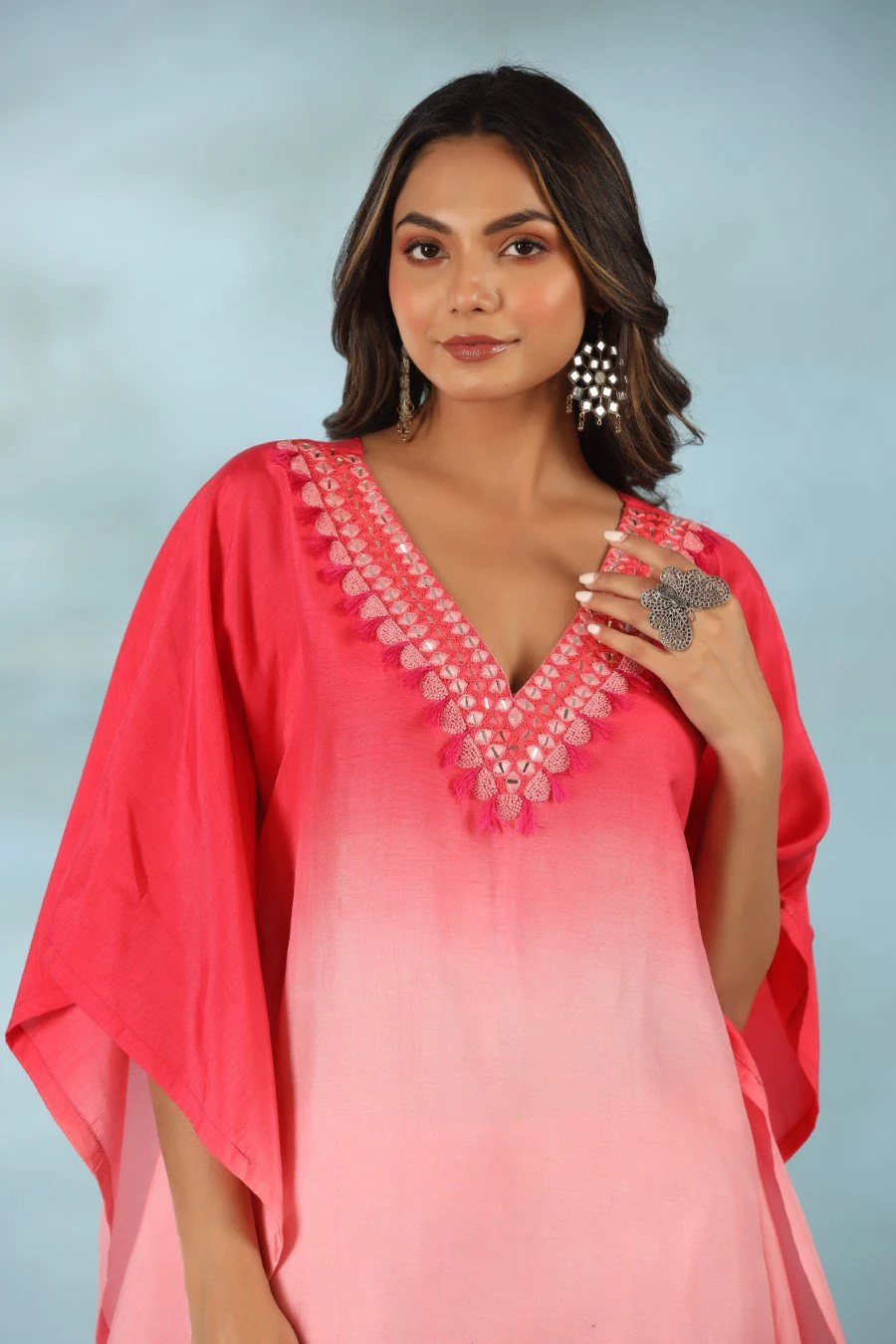 Pink Ombre Mirror Embroidered Kaftan With Pants - Image 2