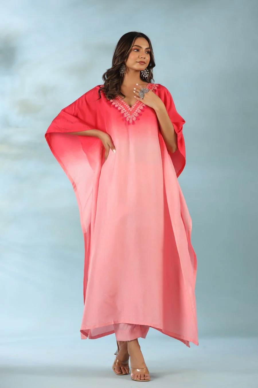 Pink Ombre Mirror Embroidered Kaftan With Pants - Image 3