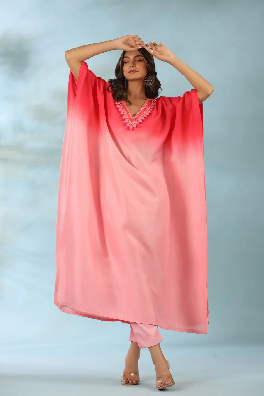 Pink Ombre Mirror Embroidered Kaftan With Pants - Image 4