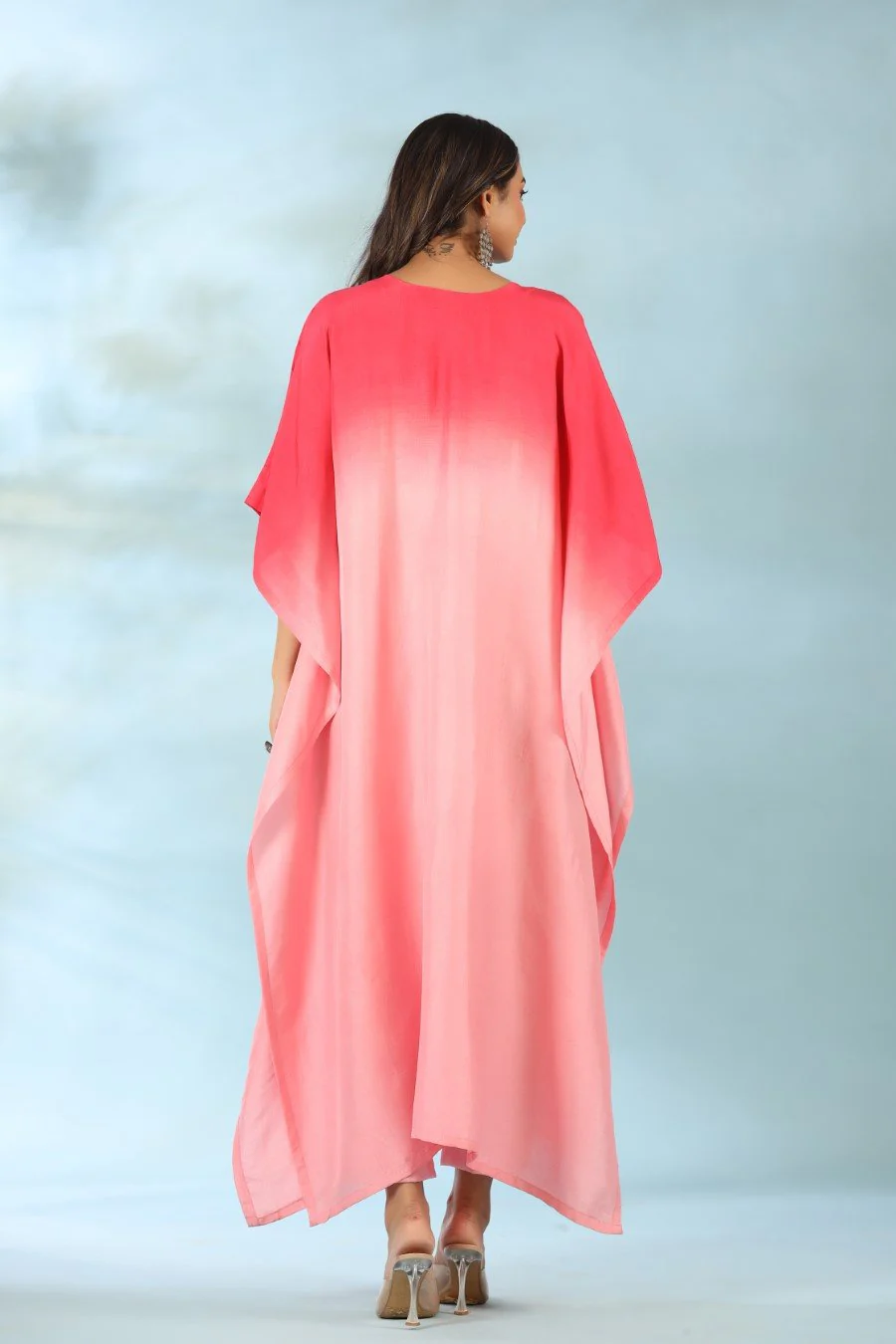 Pink Ombre Mirror Embroidered Kaftan With Pants - Image 5