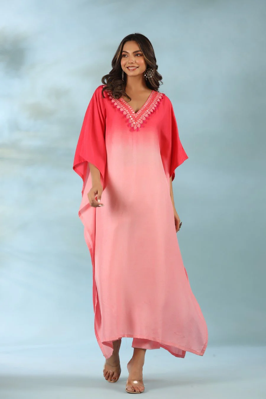 Pink Ombre Mirror Embroidered Kaftan With Pants - Image 6